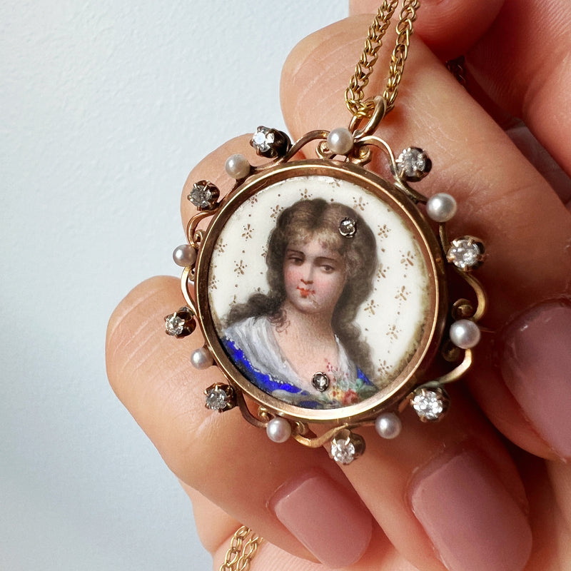 Victorian 18K gold young lady miniature habillée pendant brooch