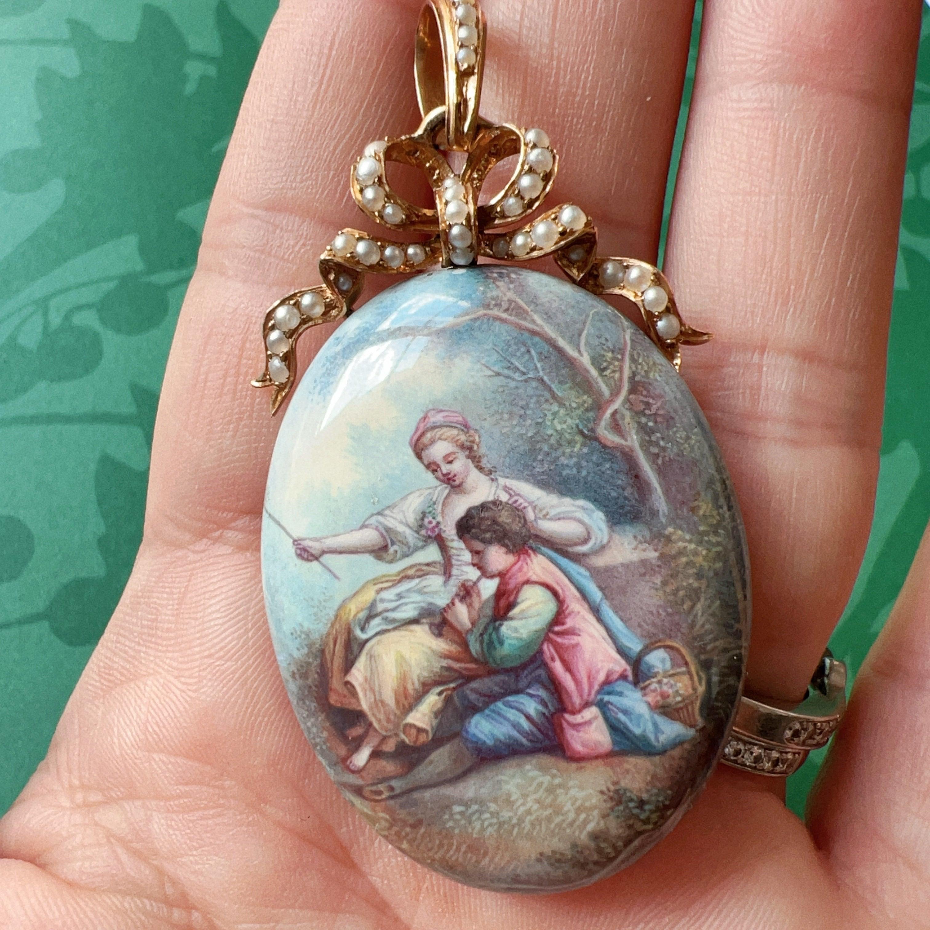 Antique 18K gold pearl bow enamelled miniature locket pendant - Curiously timeless