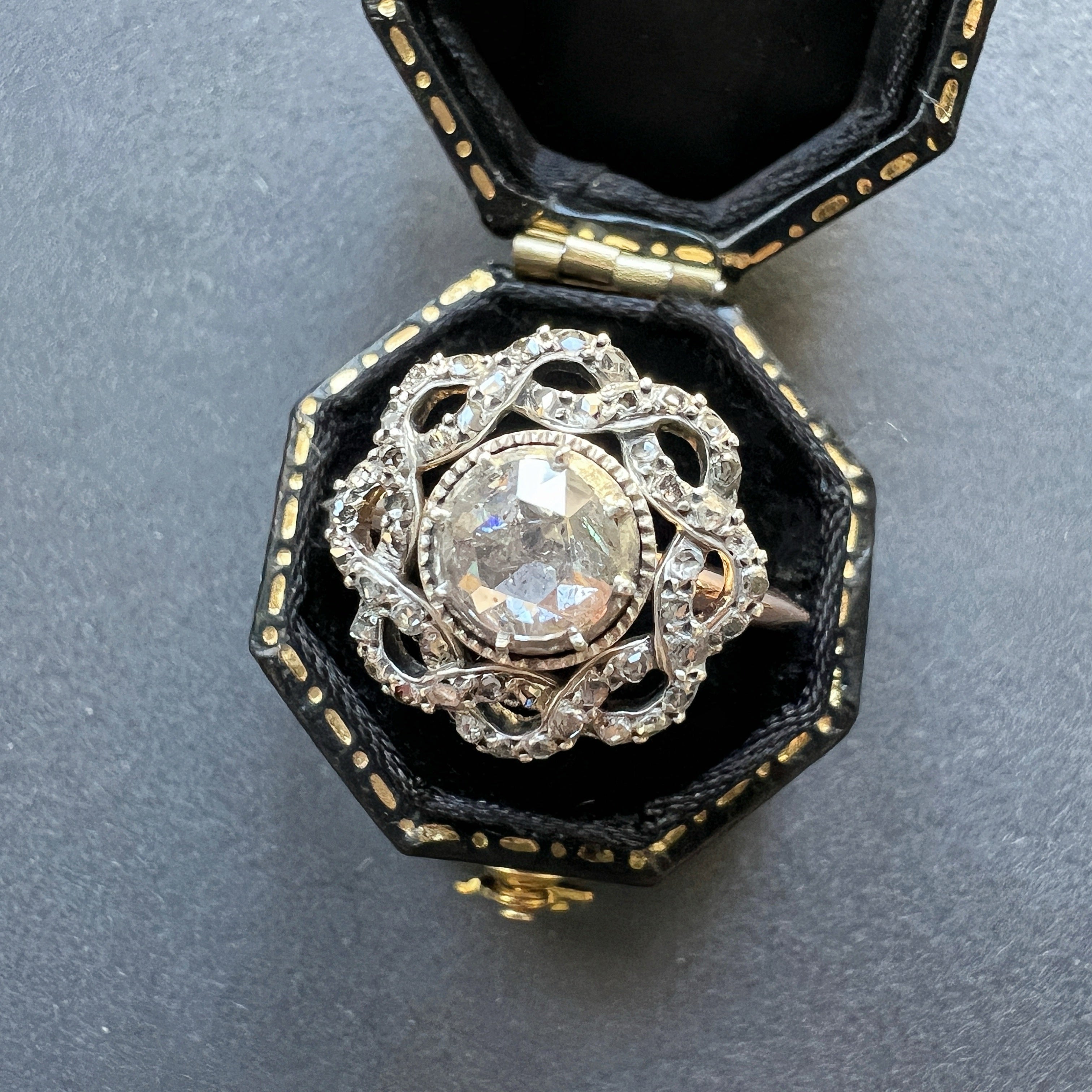 Rose cut diamond platinum and 18K gold cluster Ring