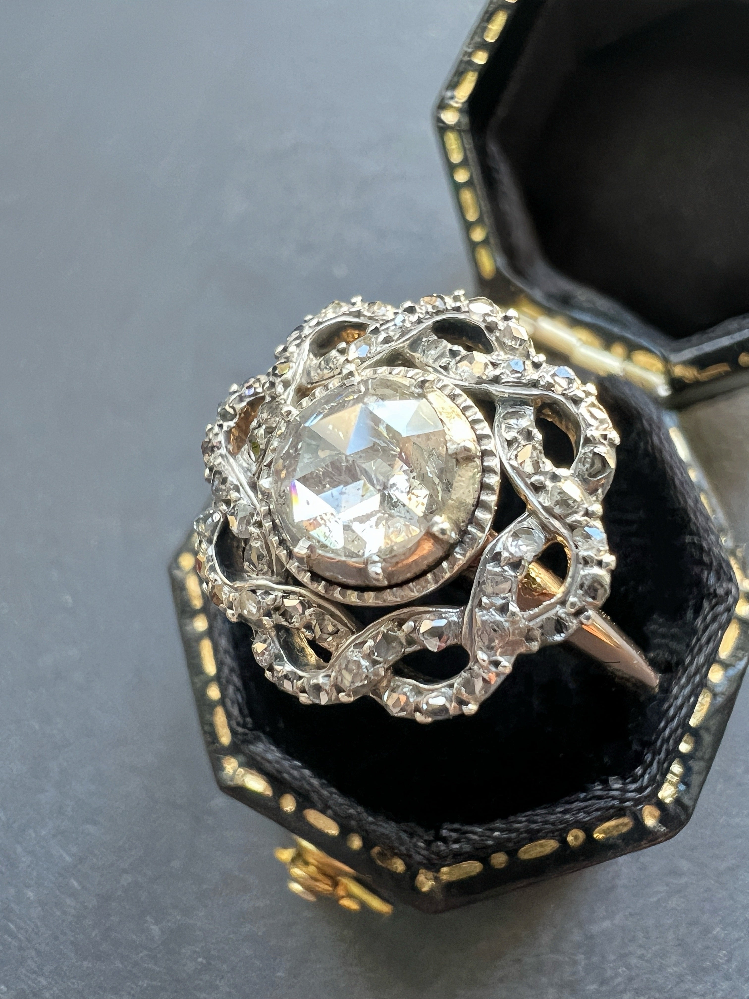 Rose cut diamond platinum and 18K gold cluster Ring