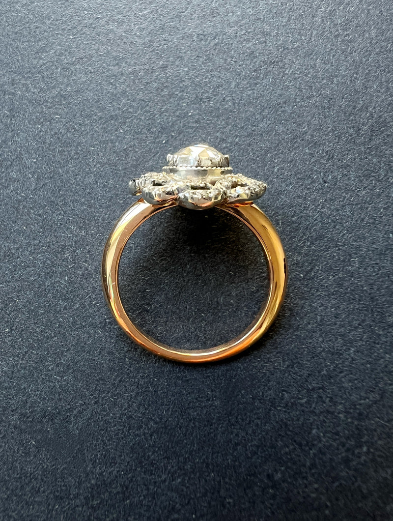 Rose cut diamond platinum and 18K gold cluster Ring