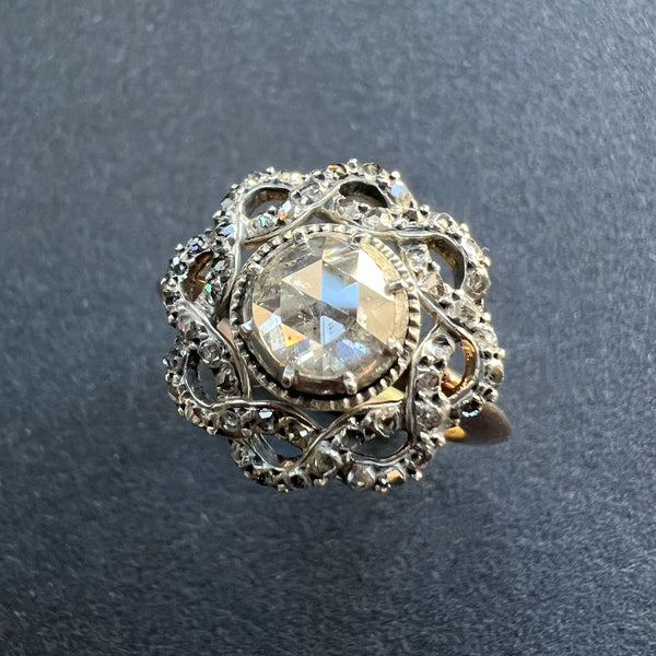 Rose cut Diamond platinum and 18K gold Cluster Ring