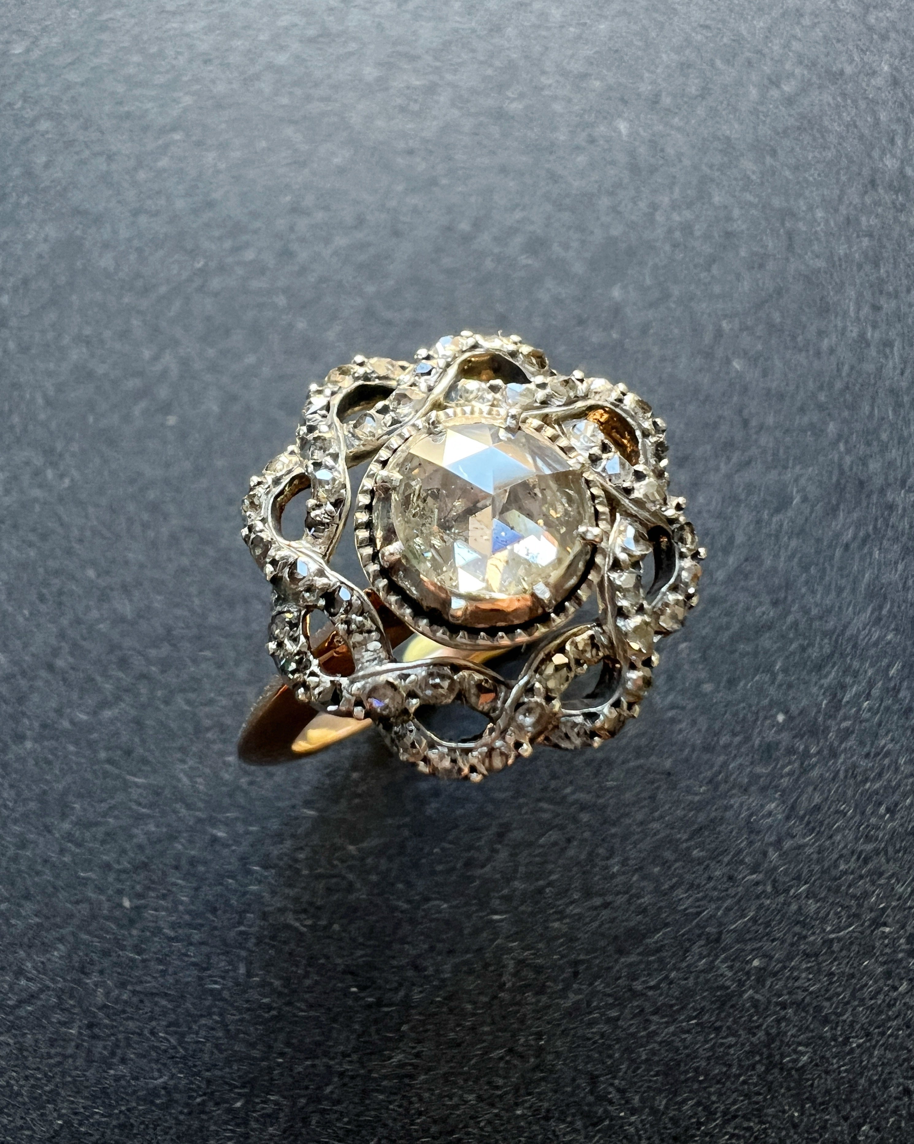 Rose cut diamond platinum and 18K gold cluster Ring