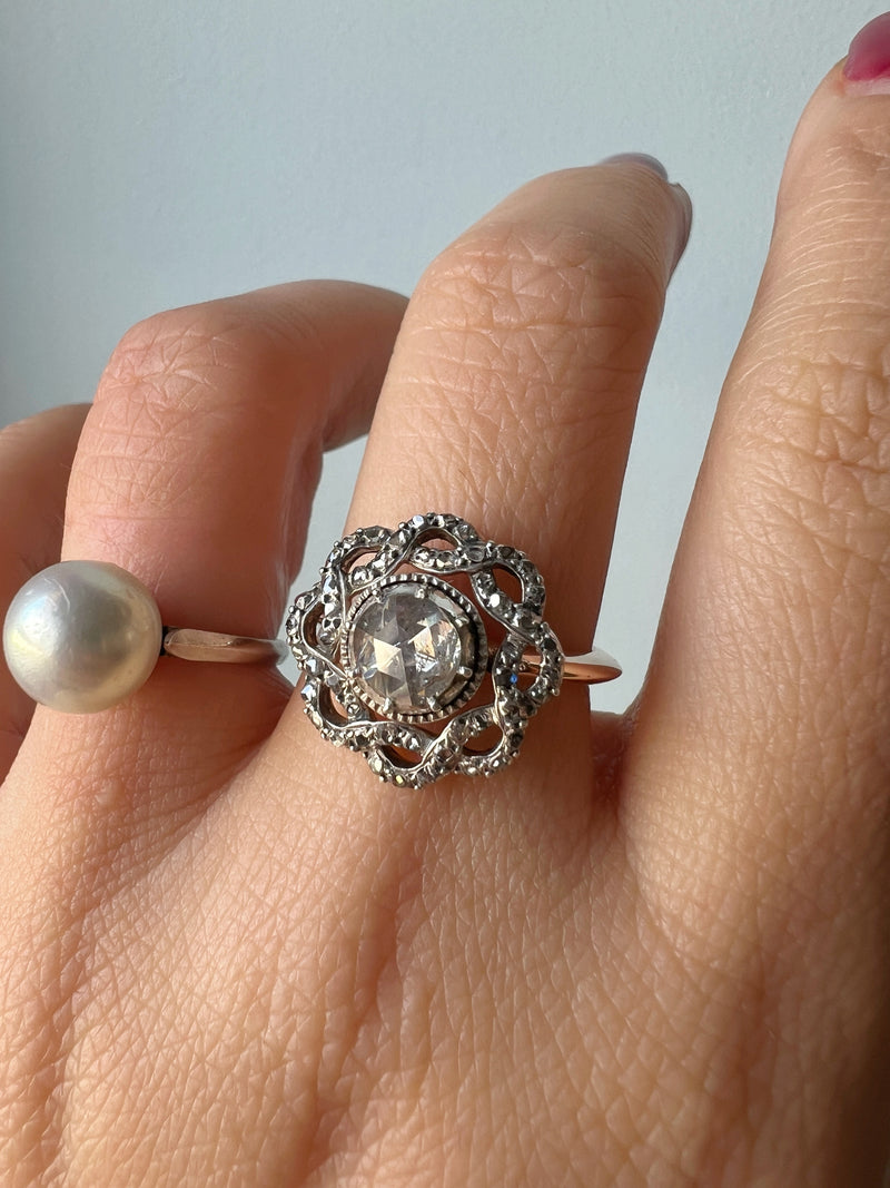 Rose cut diamond platinum and 18K gold cluster Ring