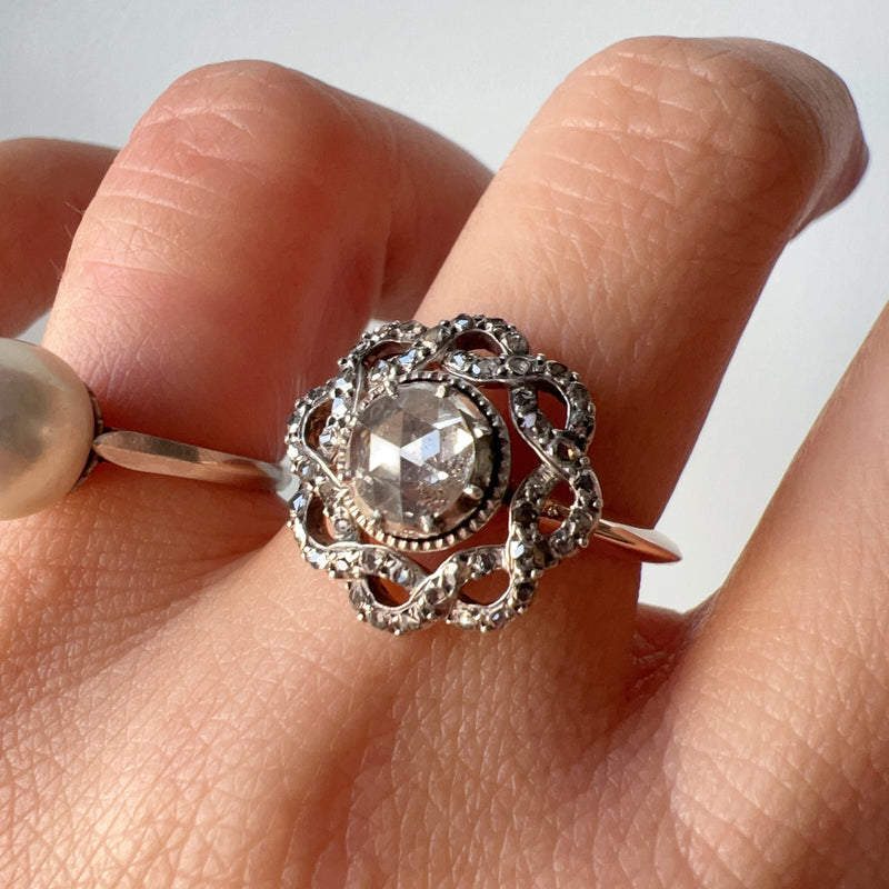 Rose cut diamond platinum and 18K gold cluster Ring