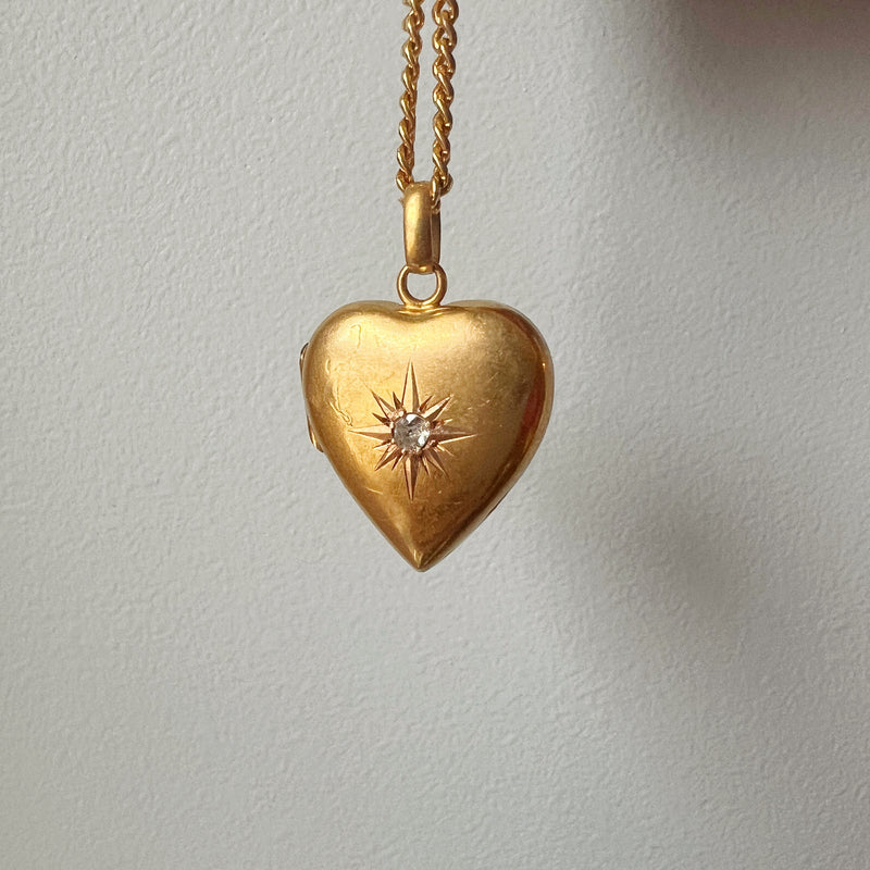 Antique 18K gold heart shaped diamond star locket pendant