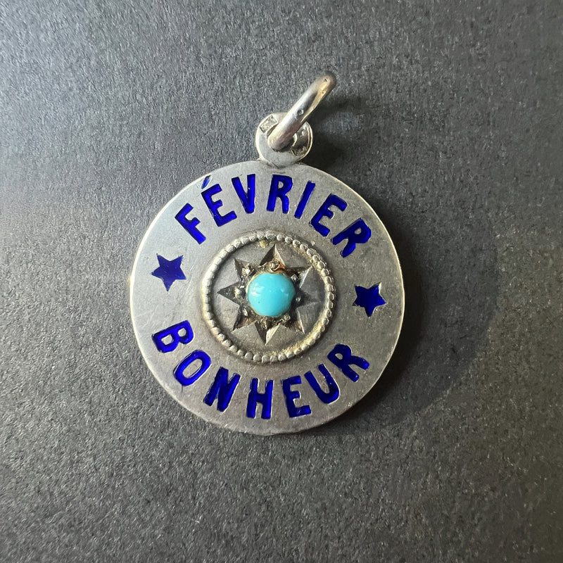 Antique French “February Happiness” turquoise silver pendant