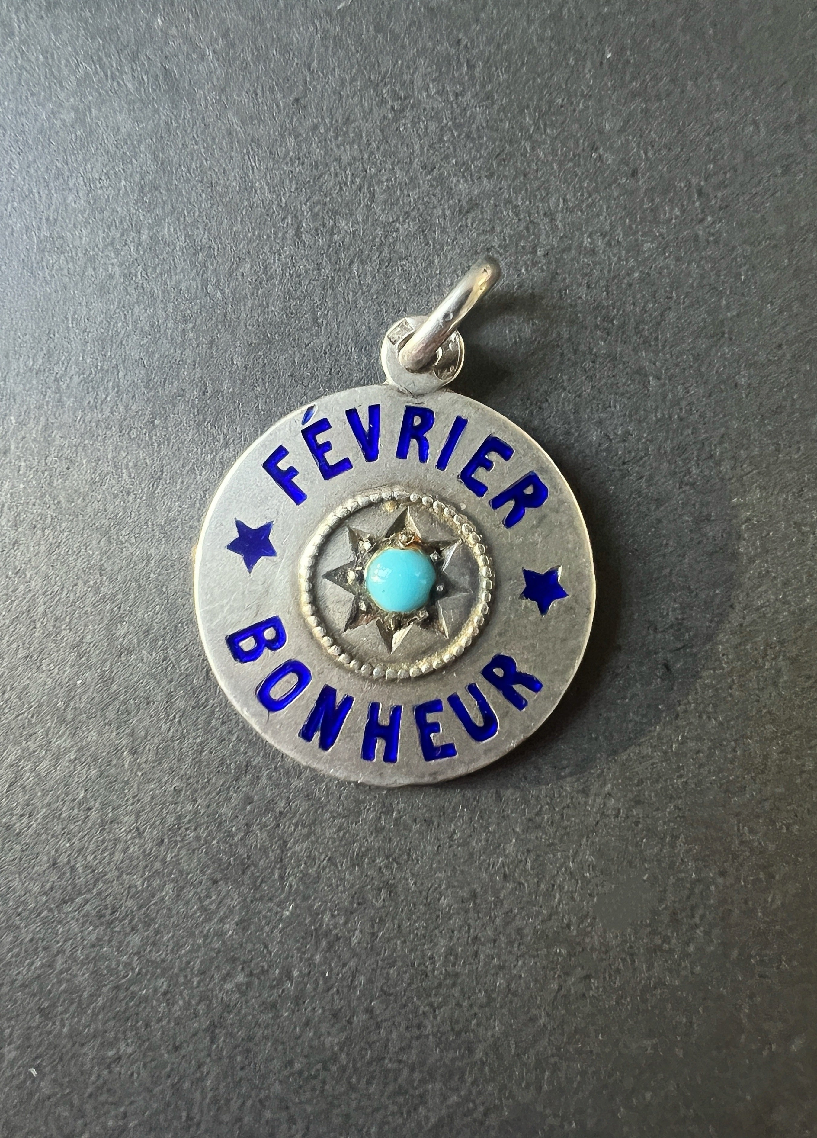 Antique French “February Happiness” turquoise silver pendant