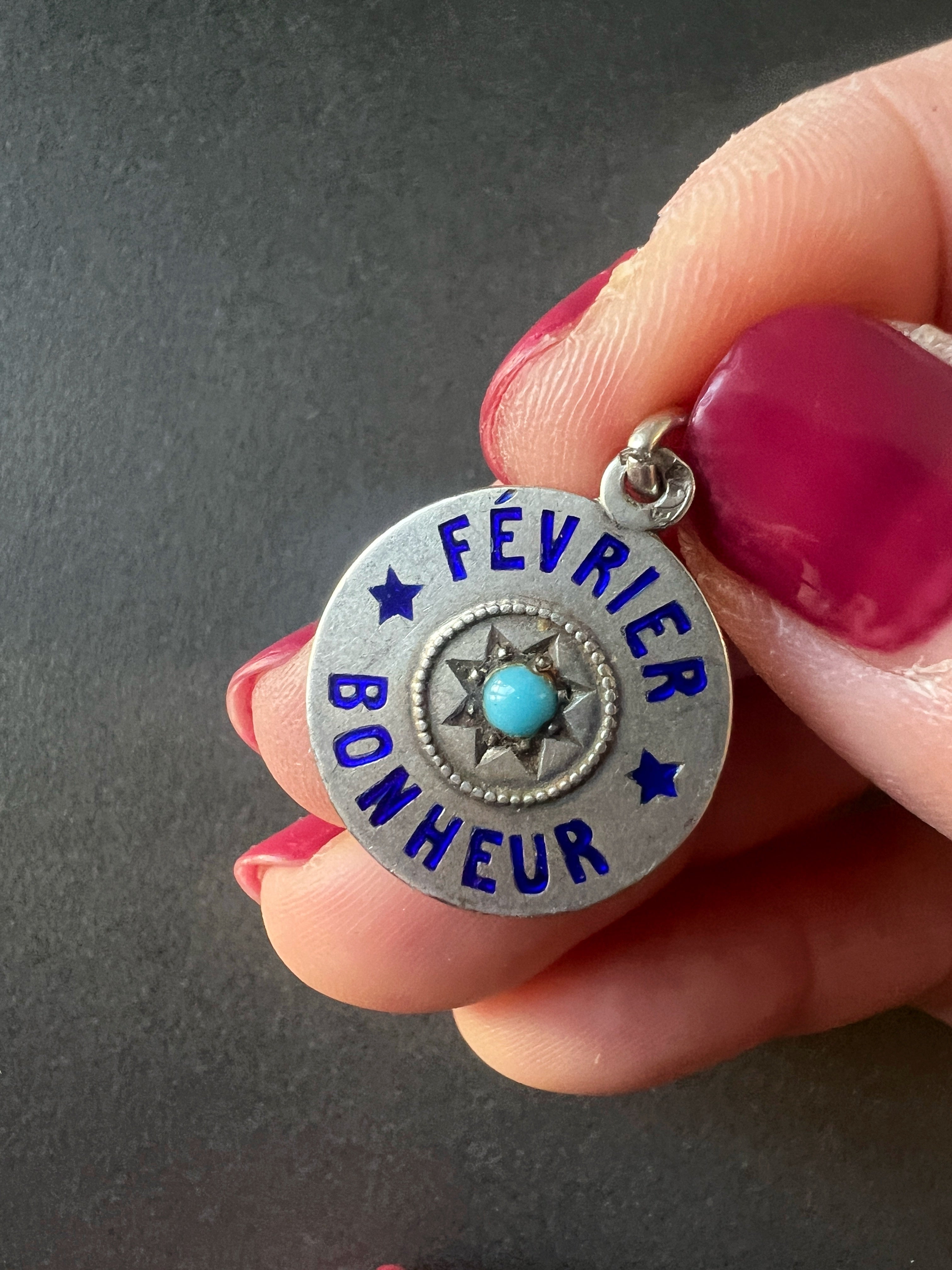 Antique French “February Happiness” turquoise silver pendant