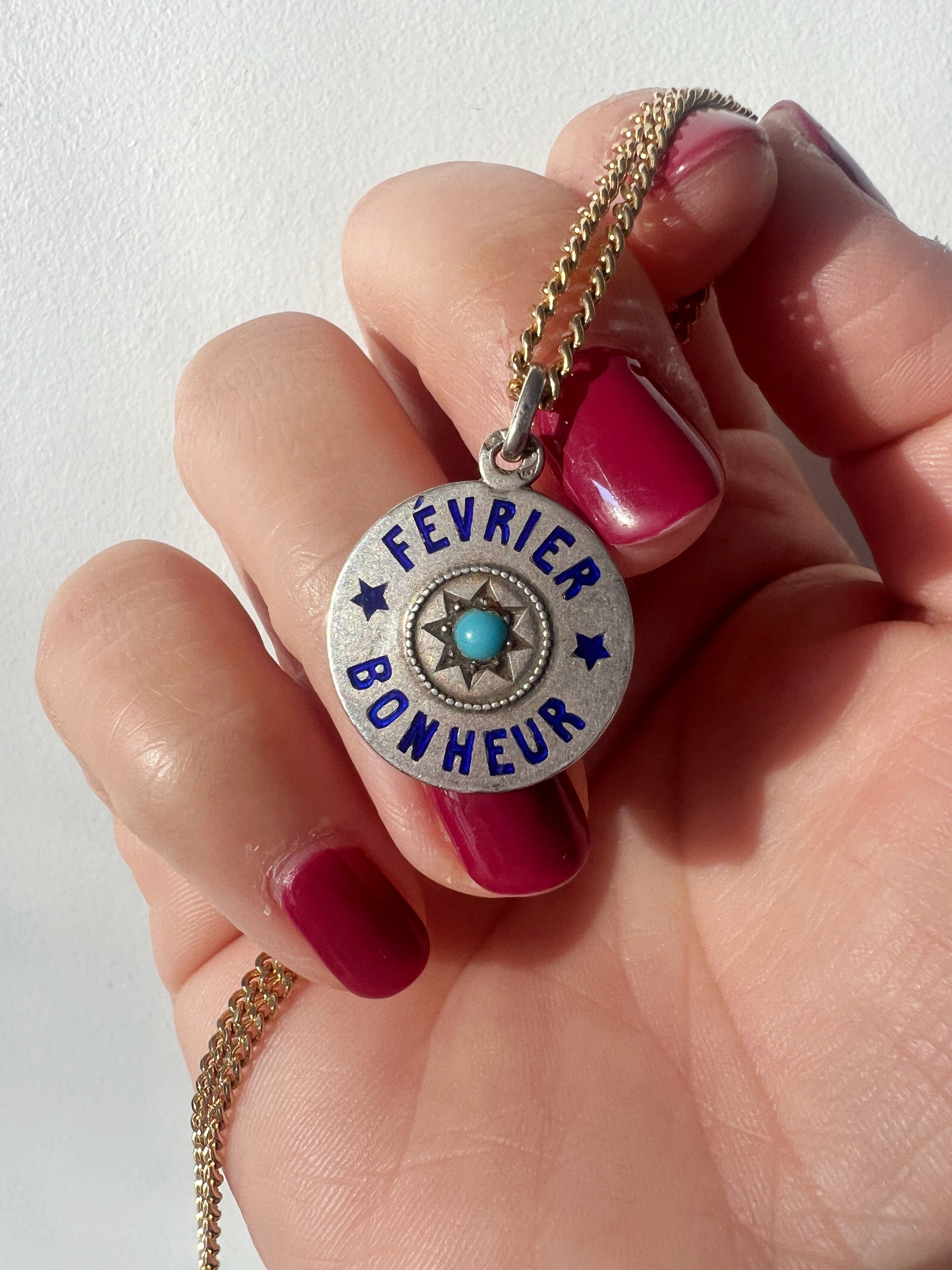 Antique French “February Happiness” turquoise silver pendant