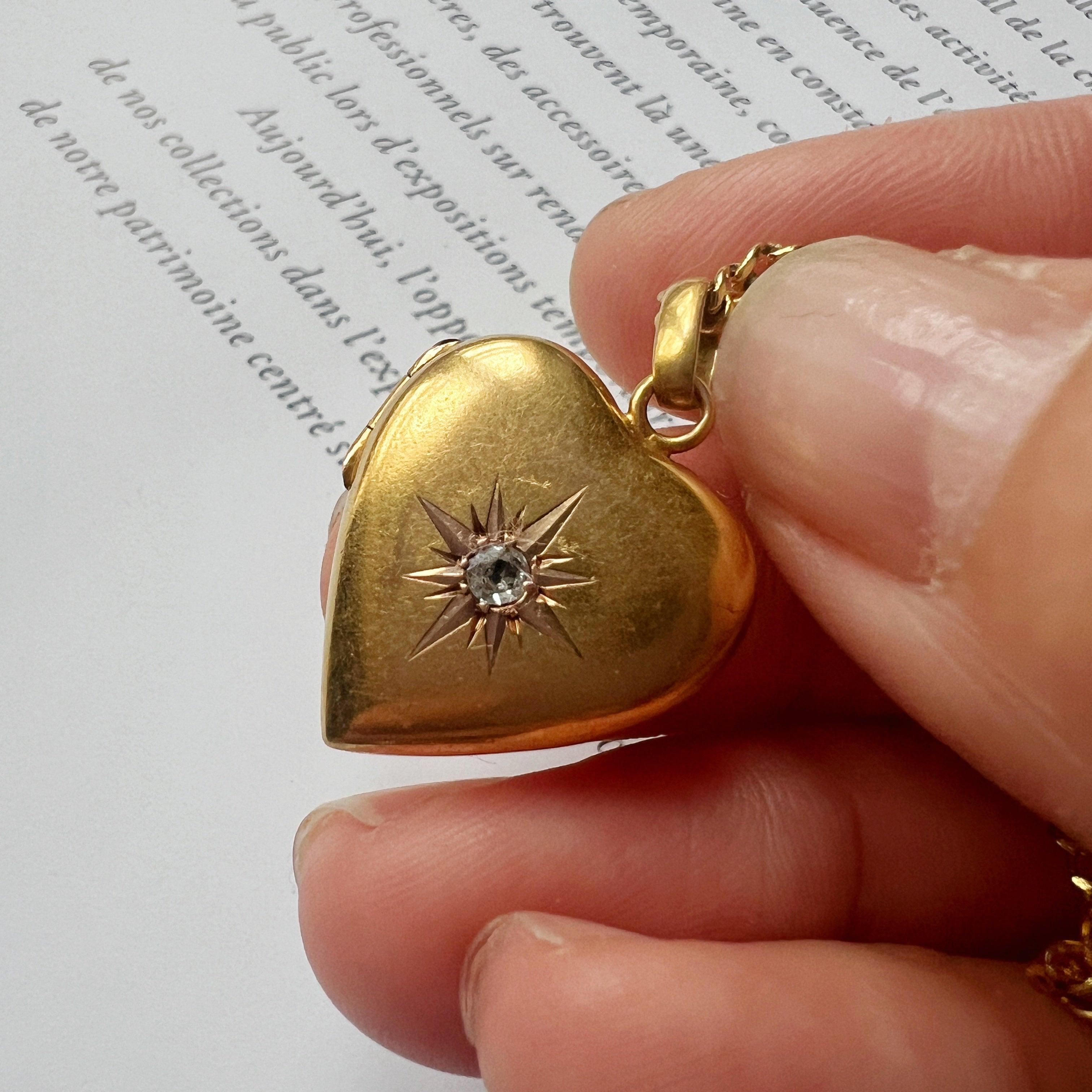 Antique 18K gold heart shaped diamond star locket pendant - Curiously timeless