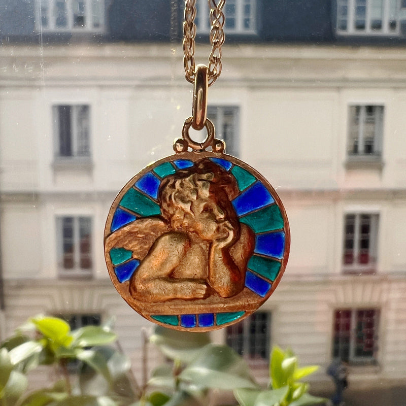 Antique 18K Gold Plique à jour enamel Angel Medal Pendant