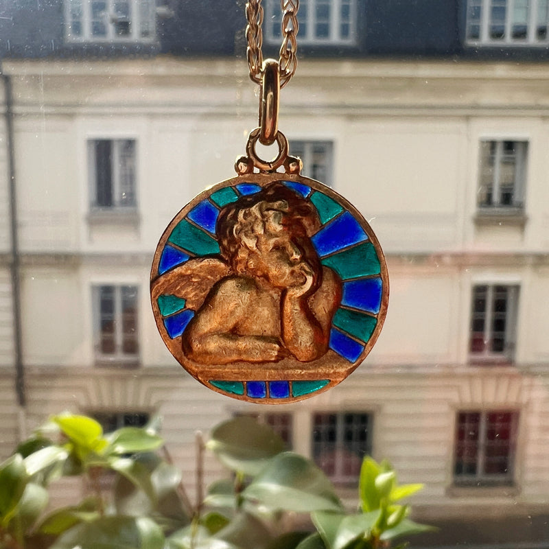 Antique 18K Gold Plique à jour enamel Angel Medal Pendant