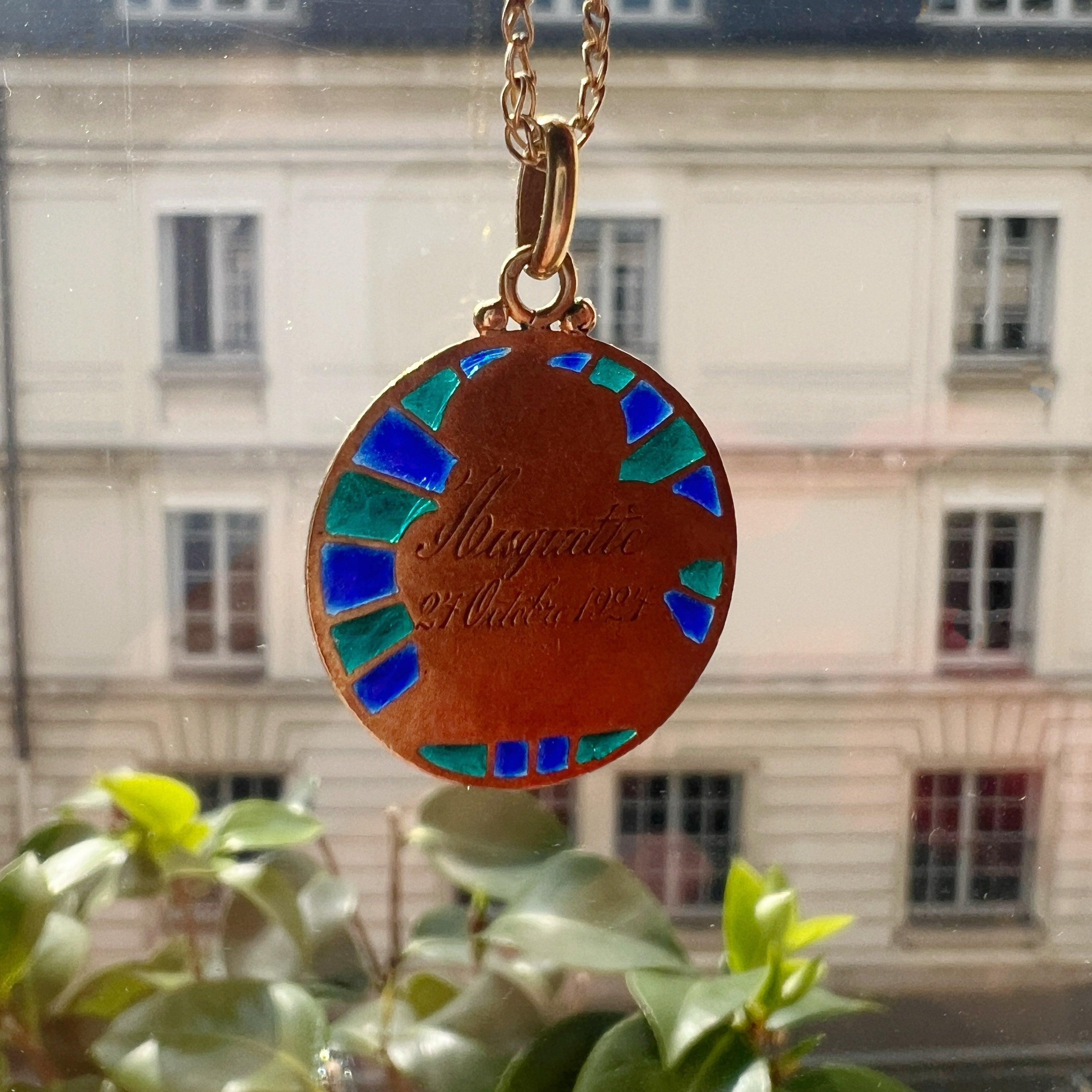 Antique 18K Gold Plique à jour enamel Angel Medal Pendant - Curiously timeless