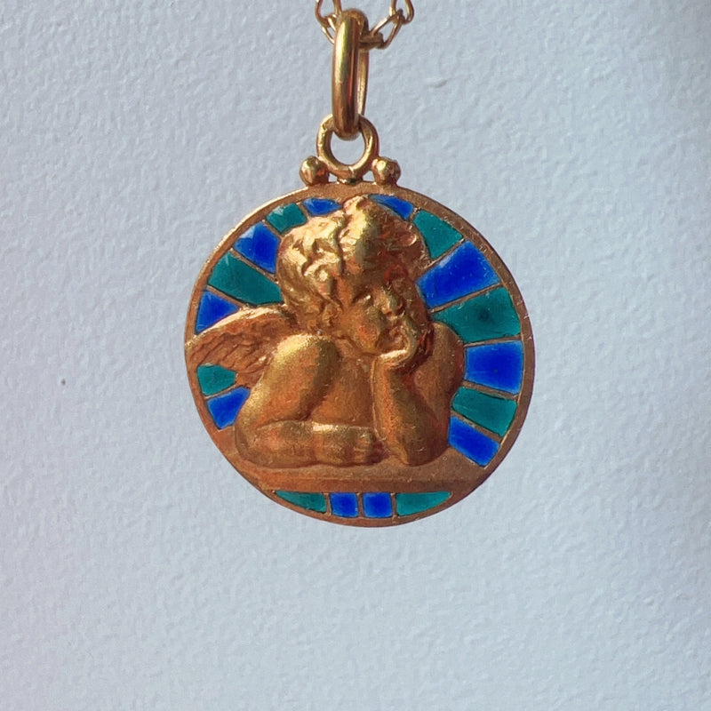 Antique 18K Gold Plique à jour enamel Angel Medal Pendant