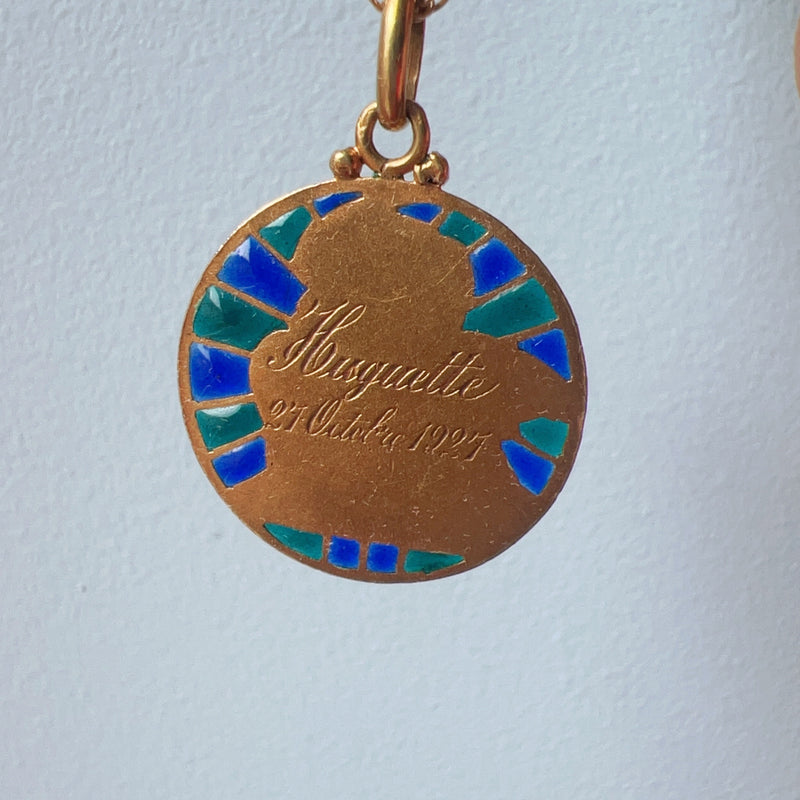 Antique 18K Gold Plique à jour enamel Angel Medal Pendant