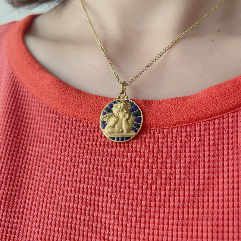 Antique 18K Gold Plique à jour enamel Angel Medal Pendant