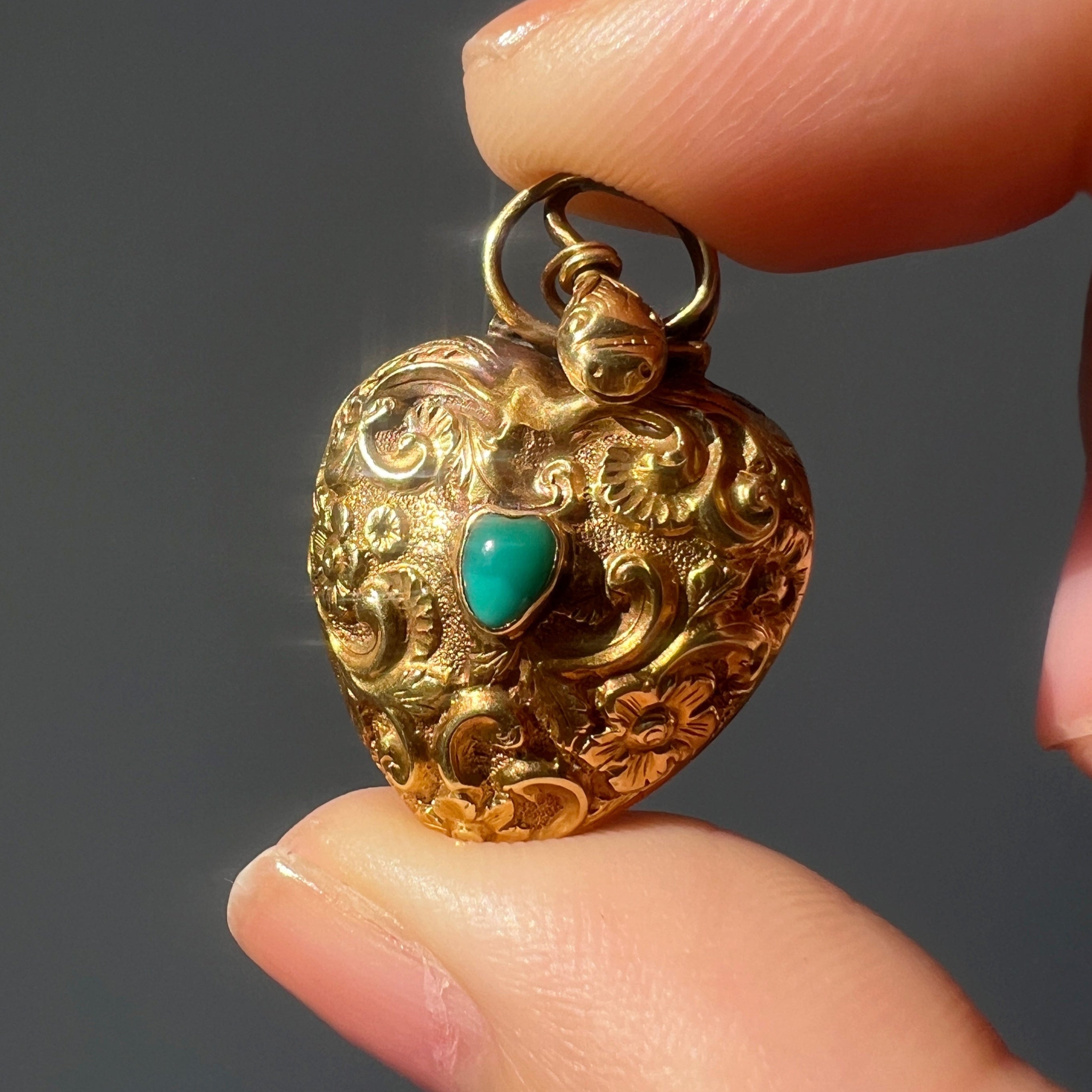 Antique 18K Gold Snake Heart turquoise Locket Pendant 