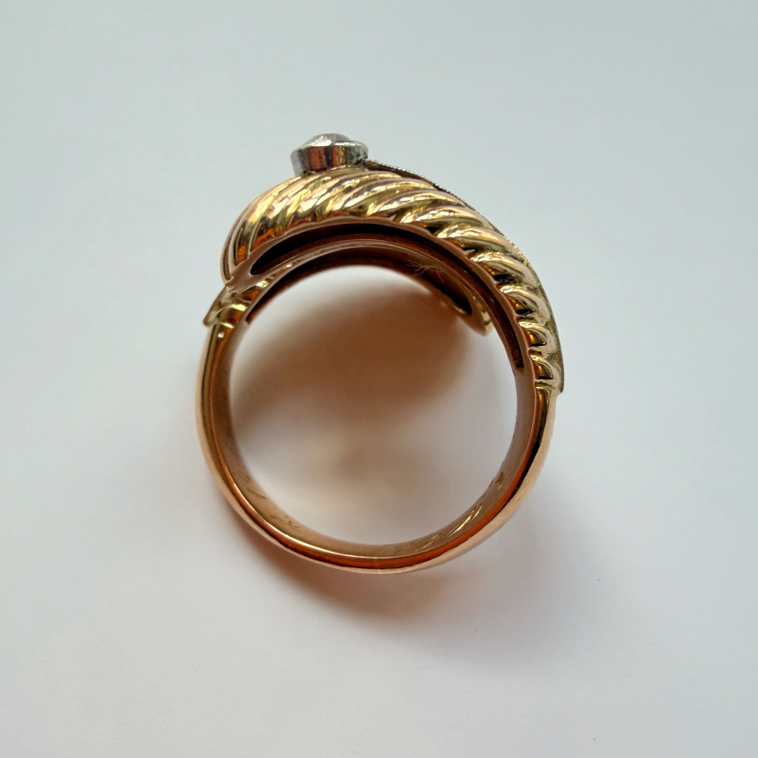Vintage Retro Mid-Century 18K Gold Diamond Feather Ring