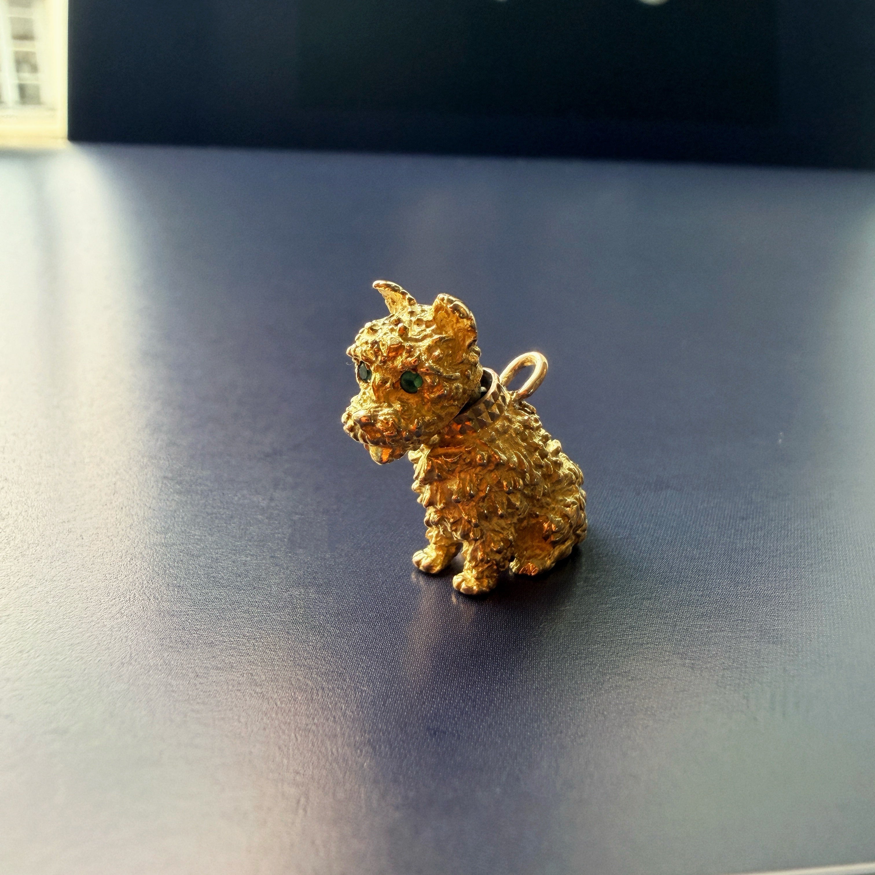 18K Yellow Gold Dog Pendant, Emerald Eyes and movable head