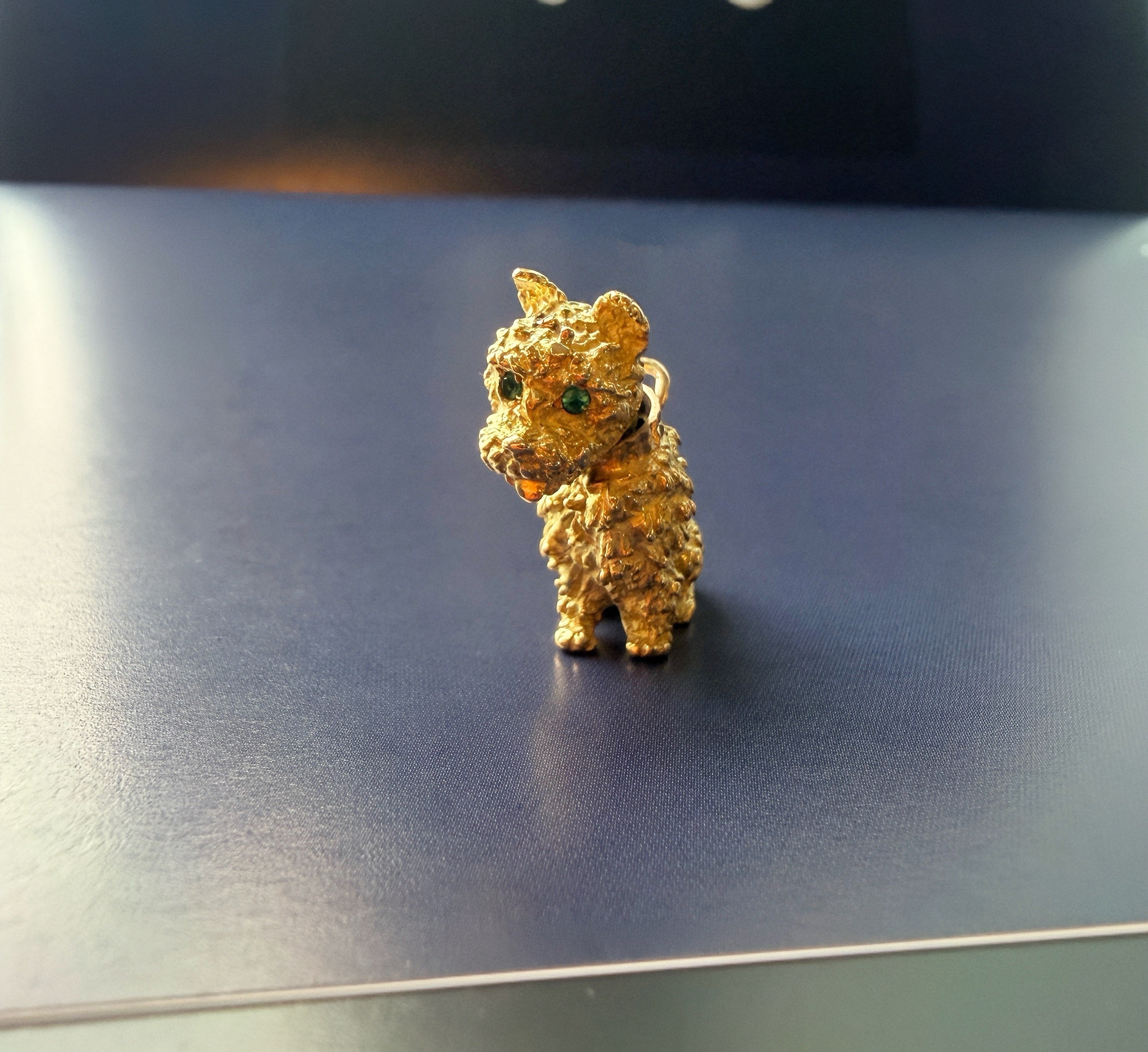 18K Yellow Gold Dog Pendant, Emerald Eyes and movable head