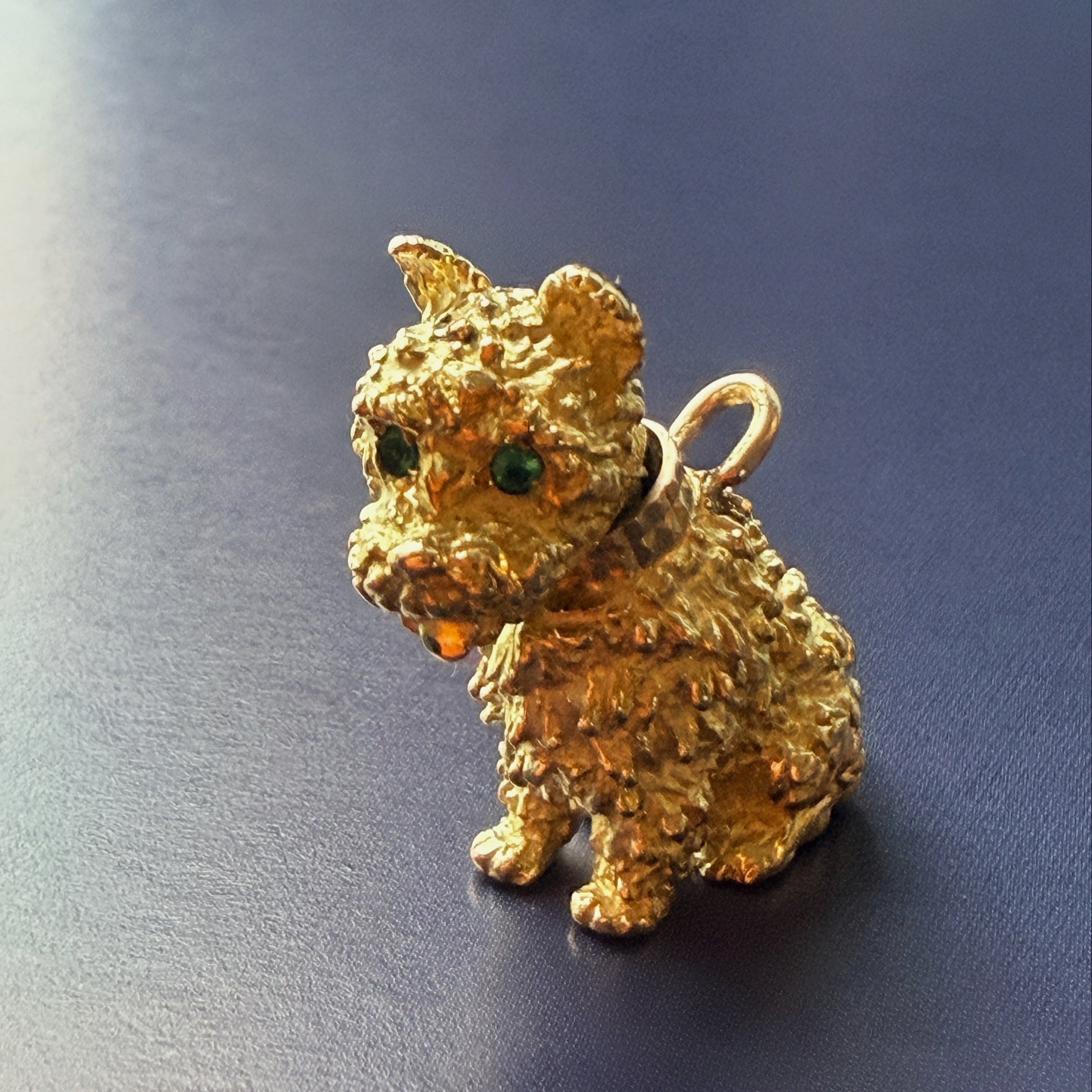 18K Yellow Gold Dog Pendant, Emerald Eyes and movable head