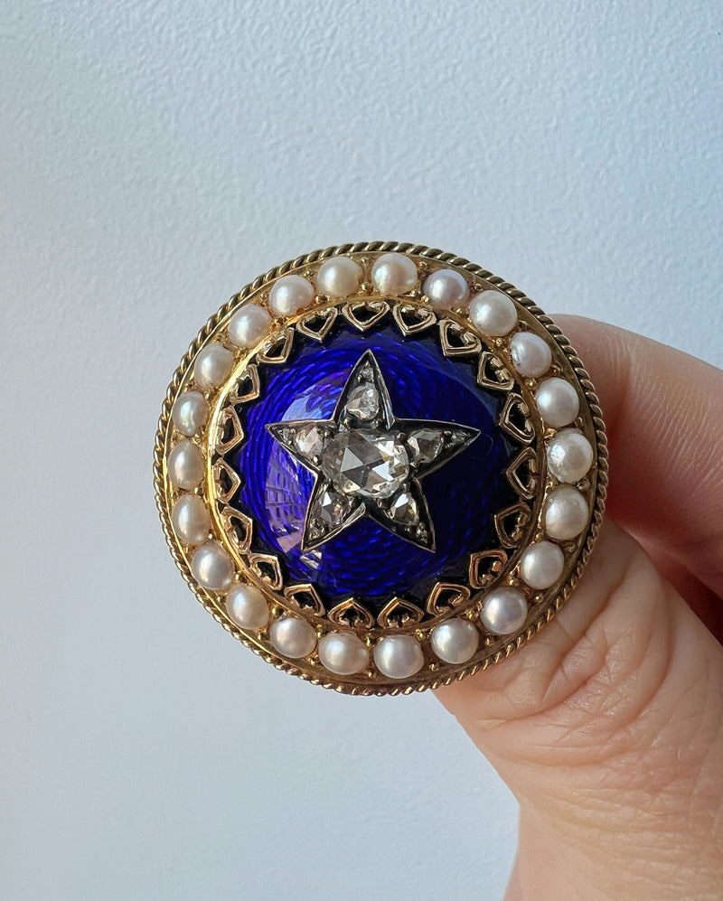 Victorian 18K gold diamond star blue enamel brooch