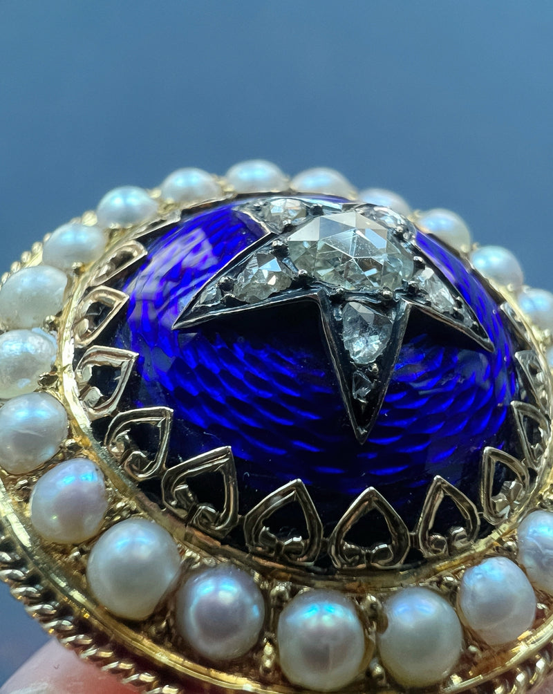 Victorian 18K gold diamond star blue enamel brooch