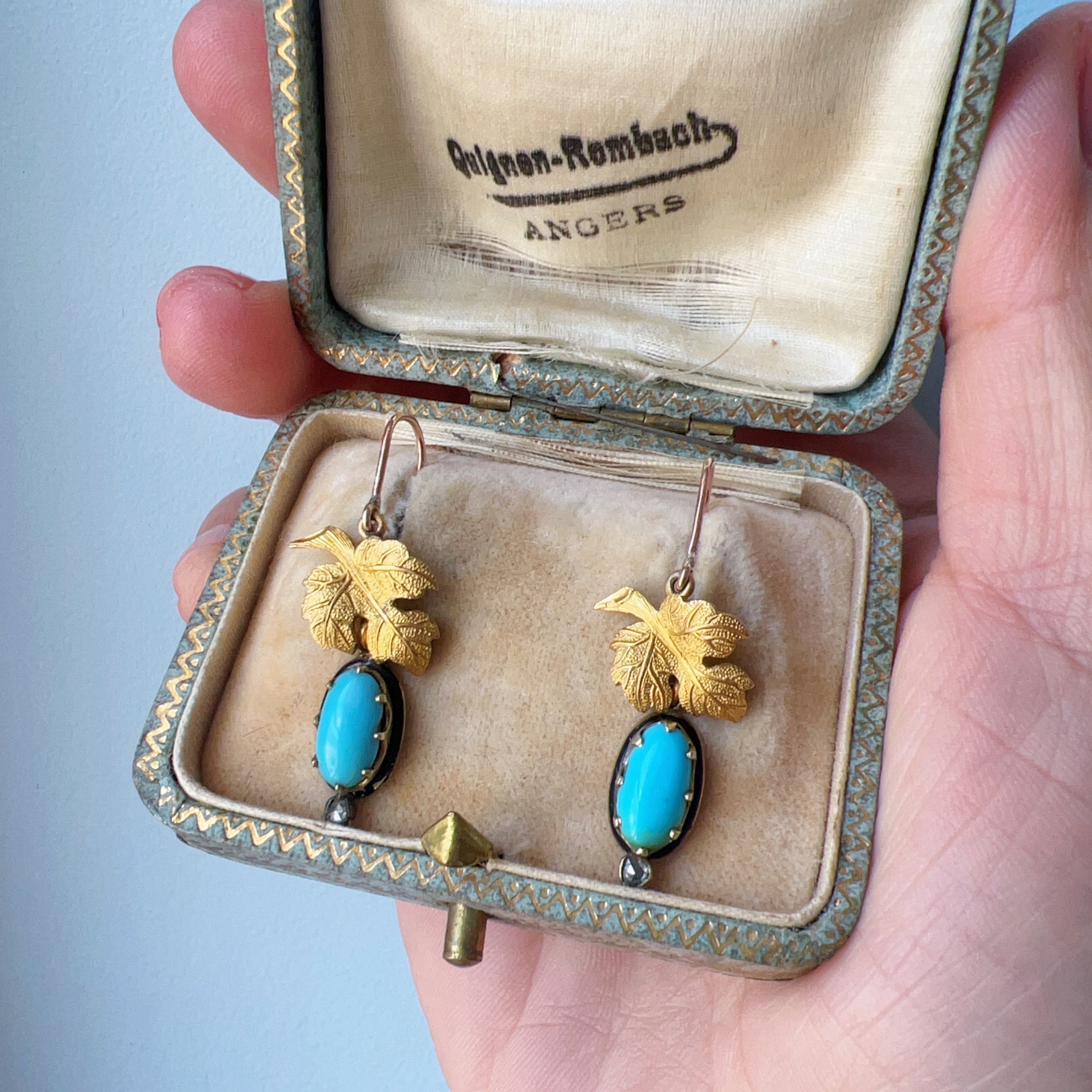 Antique 18K gold turquoise diamond maple leafs earrings