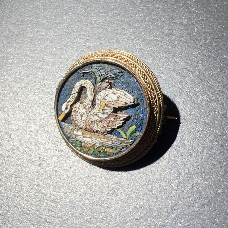 Victorian 14k Gold Micro Mosaic Swan Brooch