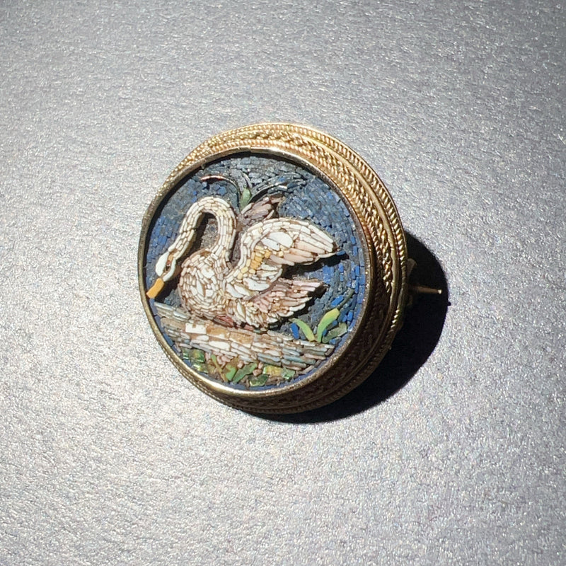 Victorian 14k Gold Micro Mosaic Swan Brooch