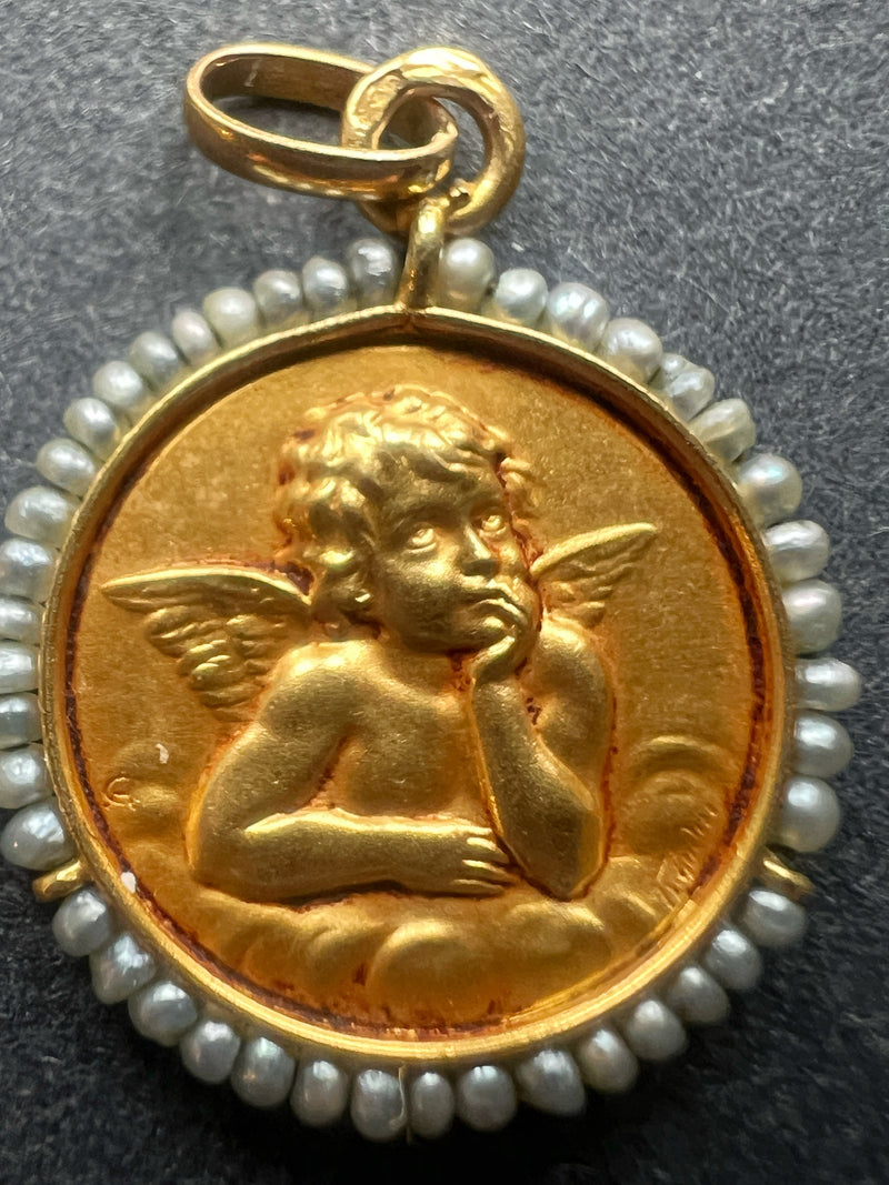 Antique 18K gold signed Angel Raphael medal pendant