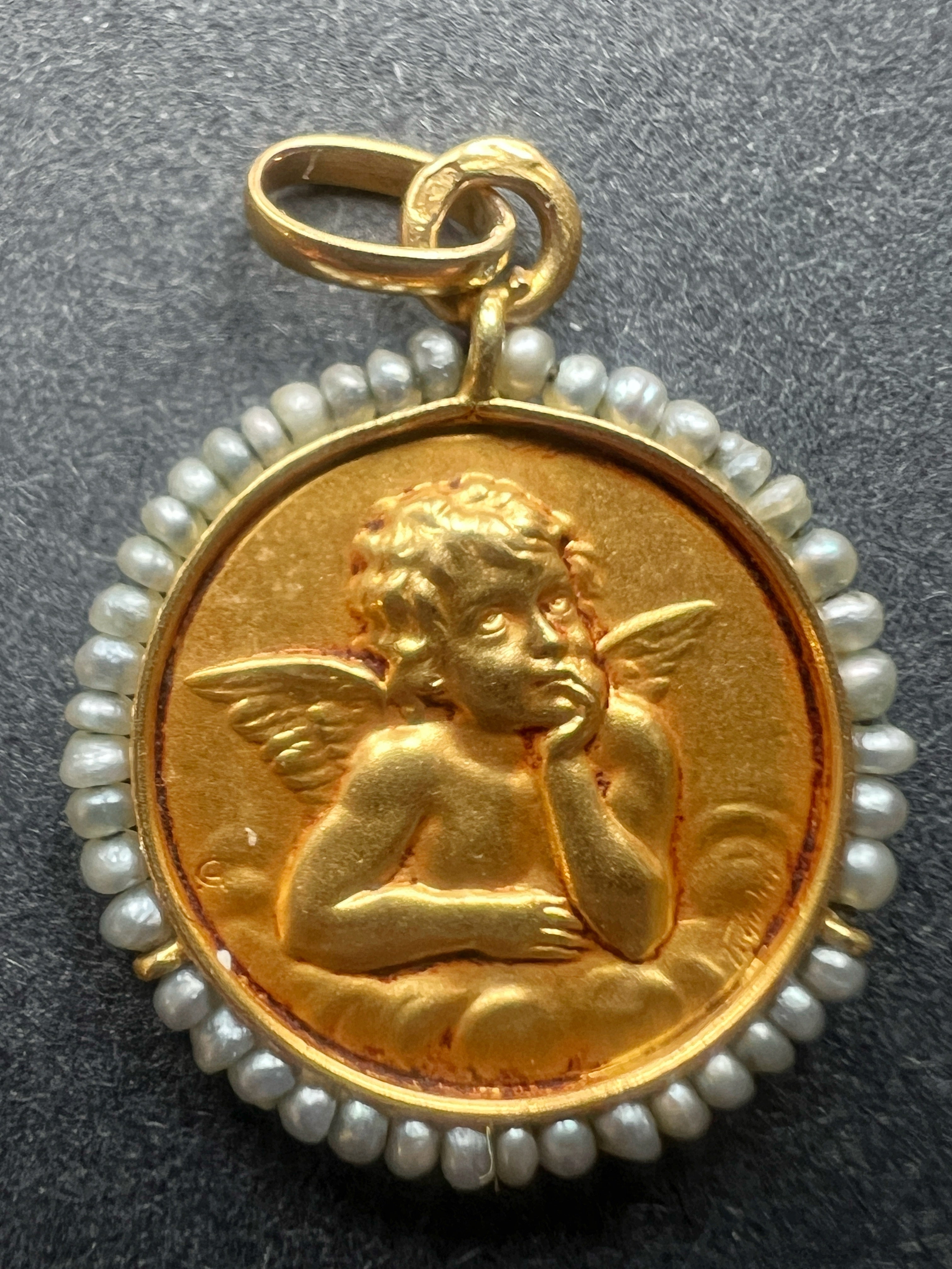 Antique 18K gold signed Angel Raphael medal pendant