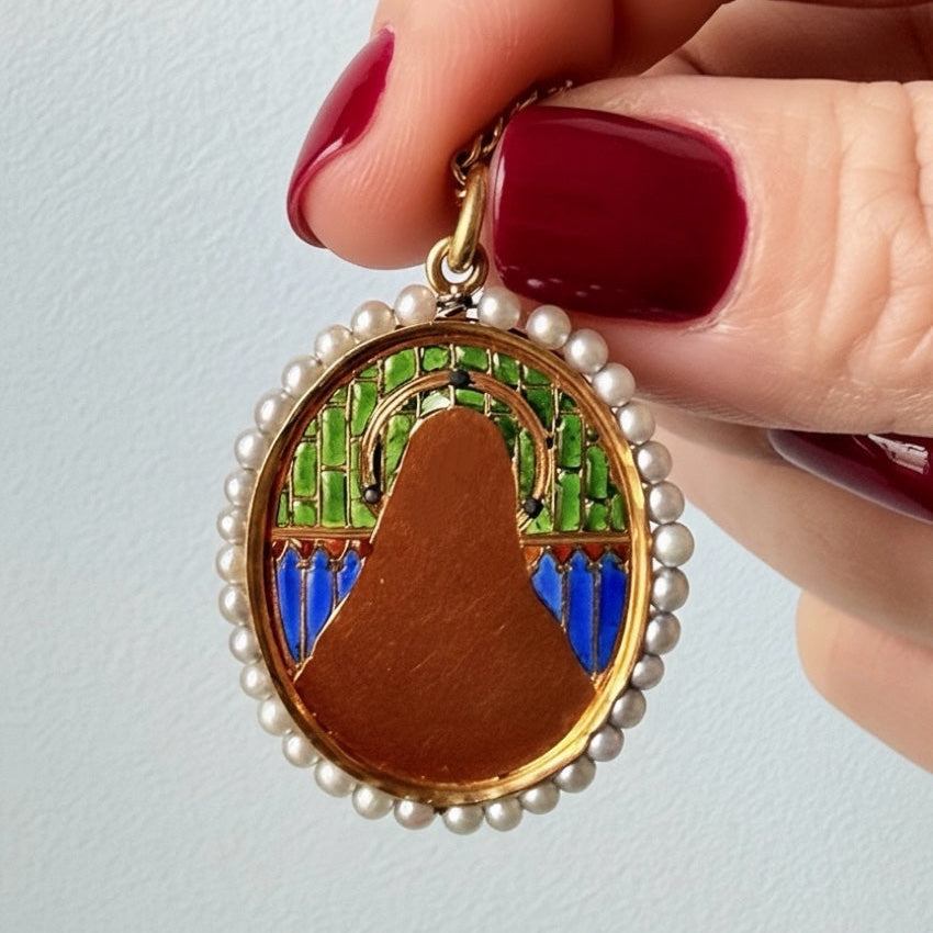 Antique 18K gold diamond pearl plique a jour enamel Virgin Mary medal pendant