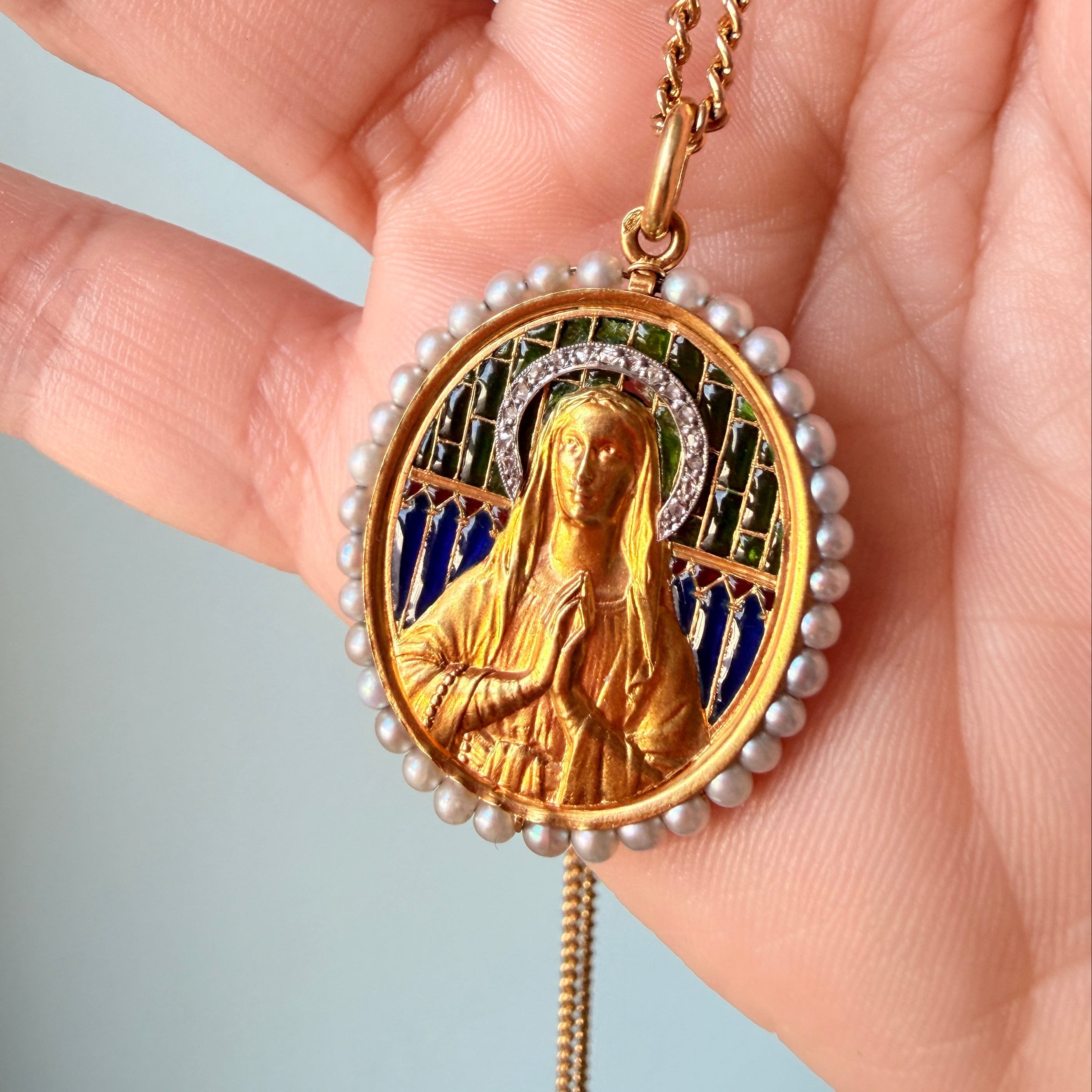 Antique 18K gold diamond pearl plique a jour enamel Virgin Mary medal pendant
