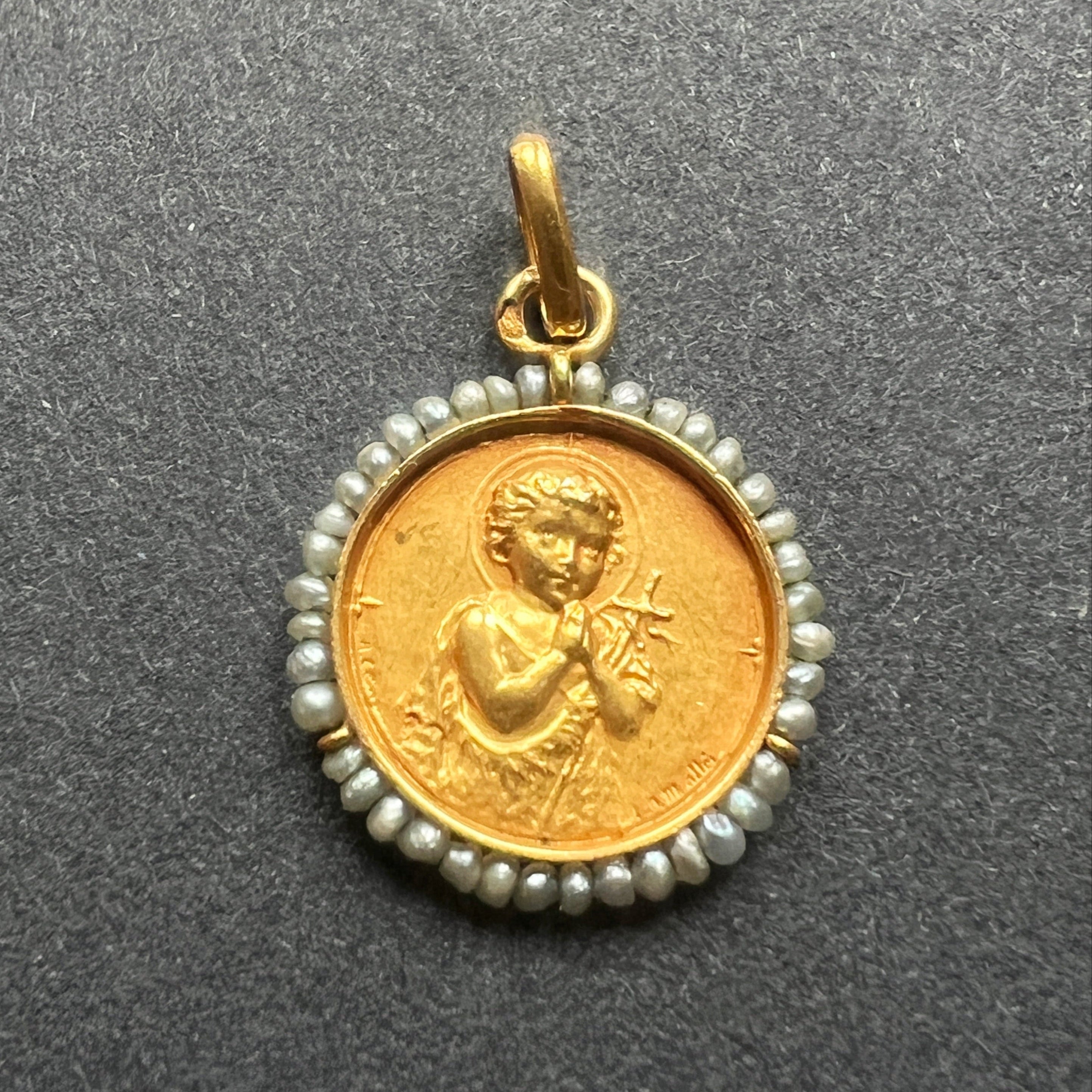 Antique 18K gold signed medal pendant John the Baptist