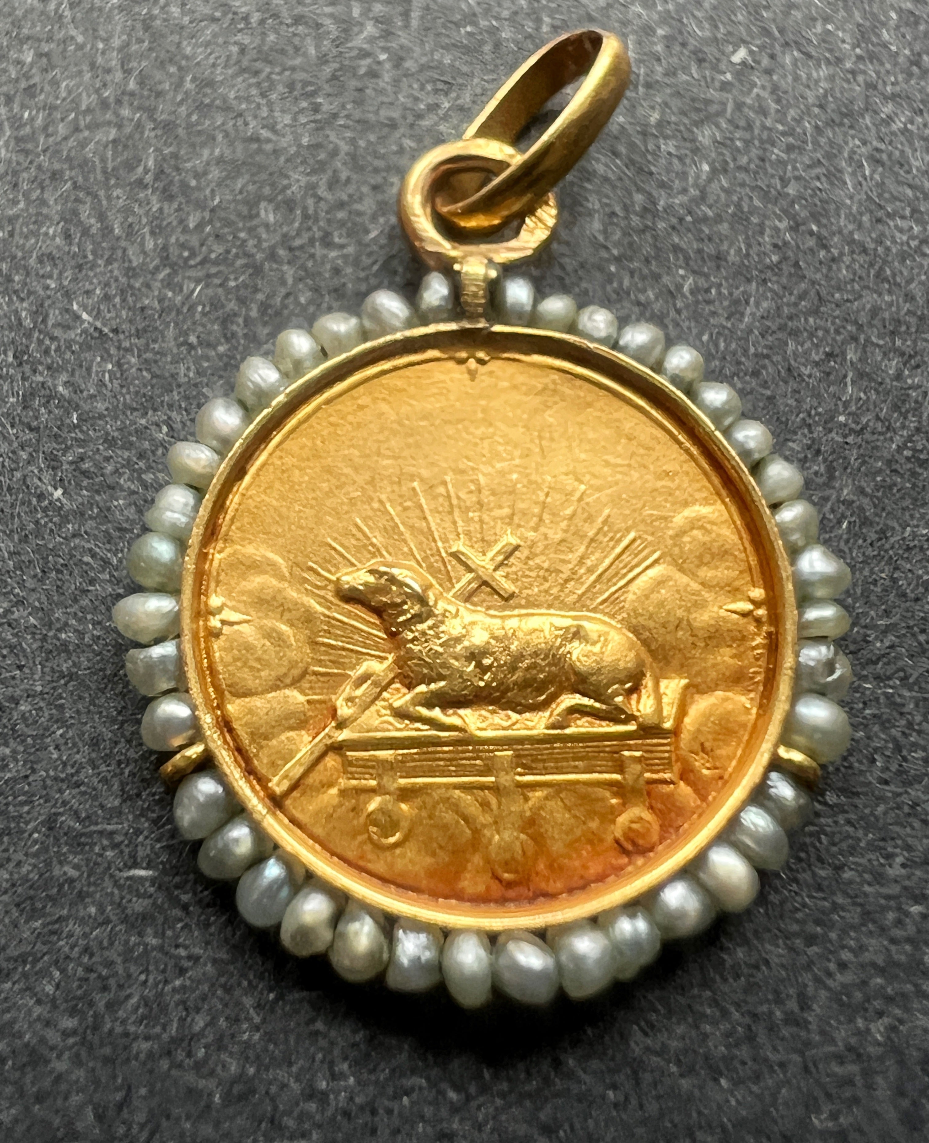 Antique 18K gold signed medal pendant John the Baptist