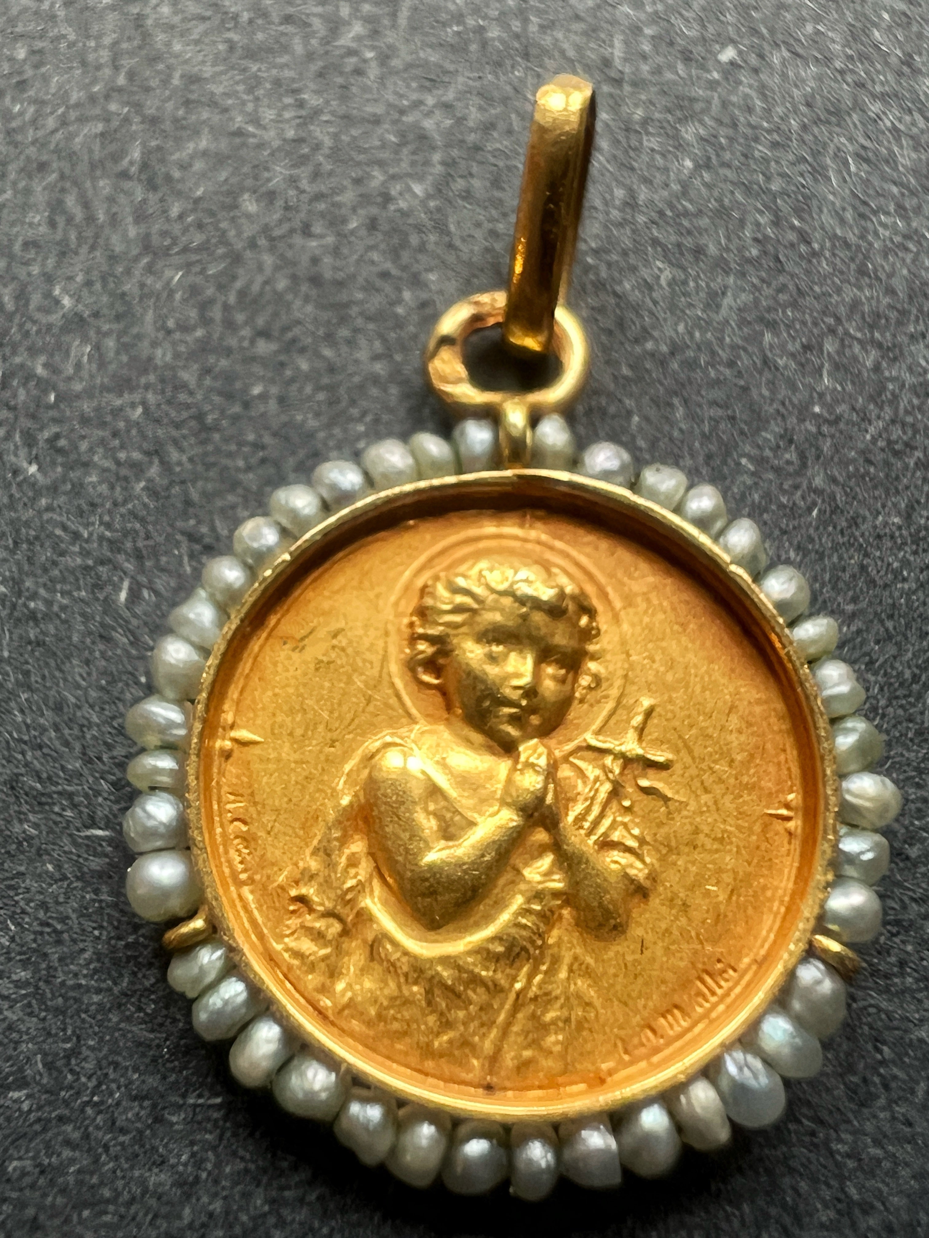 Antique 18K gold signed medal pendant John the Baptist