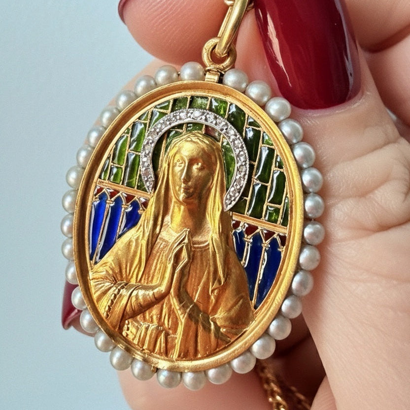 Antique 18K gold diamond pearl plique a jour enamel Virgin Mary medal pendant