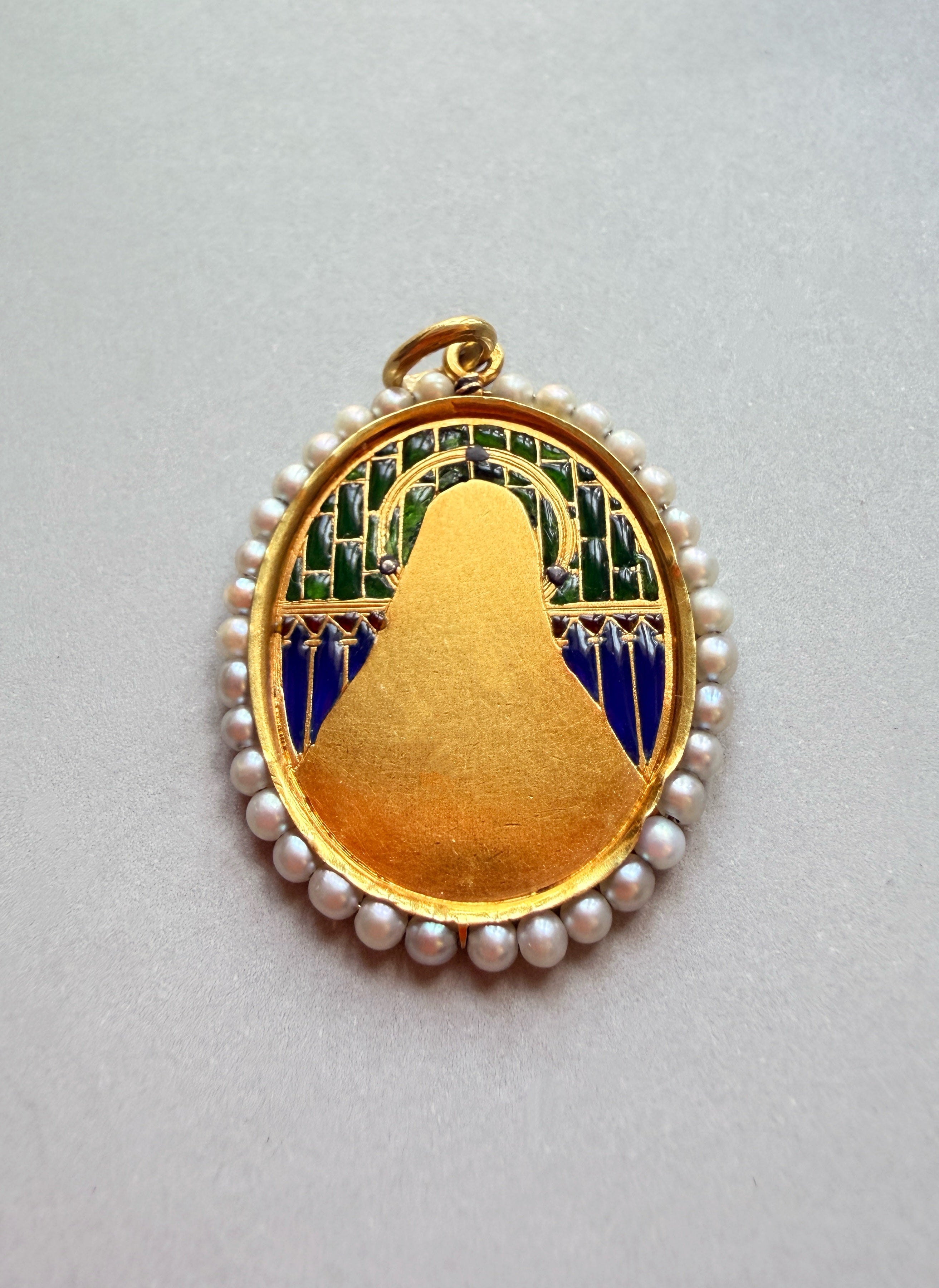 Antique 18K gold diamond pearl plique a jour enamel Virgin Mary medal pendant