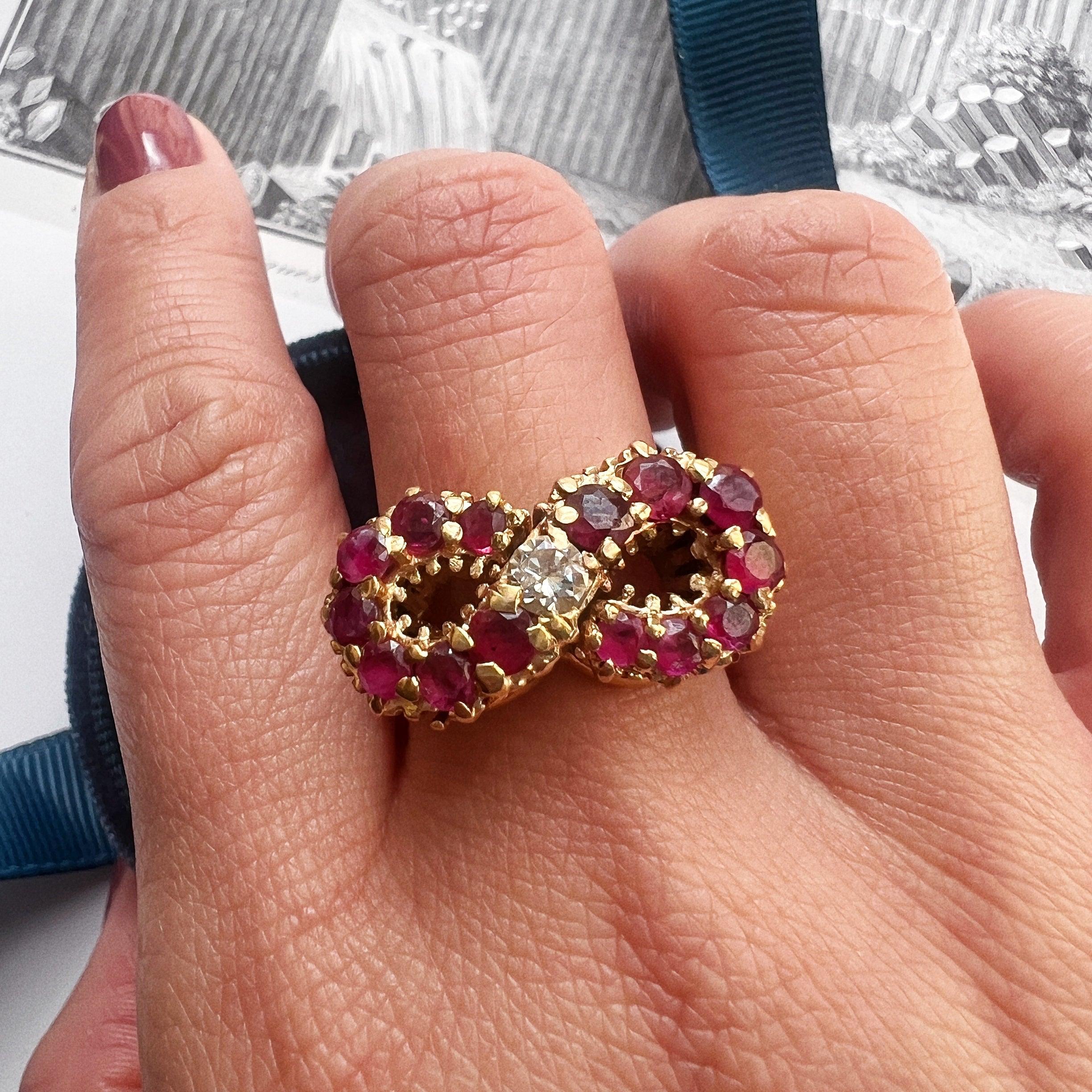 French vintage 18K gold retro cocktail ruby diamond eternity ring - Curiously timeless