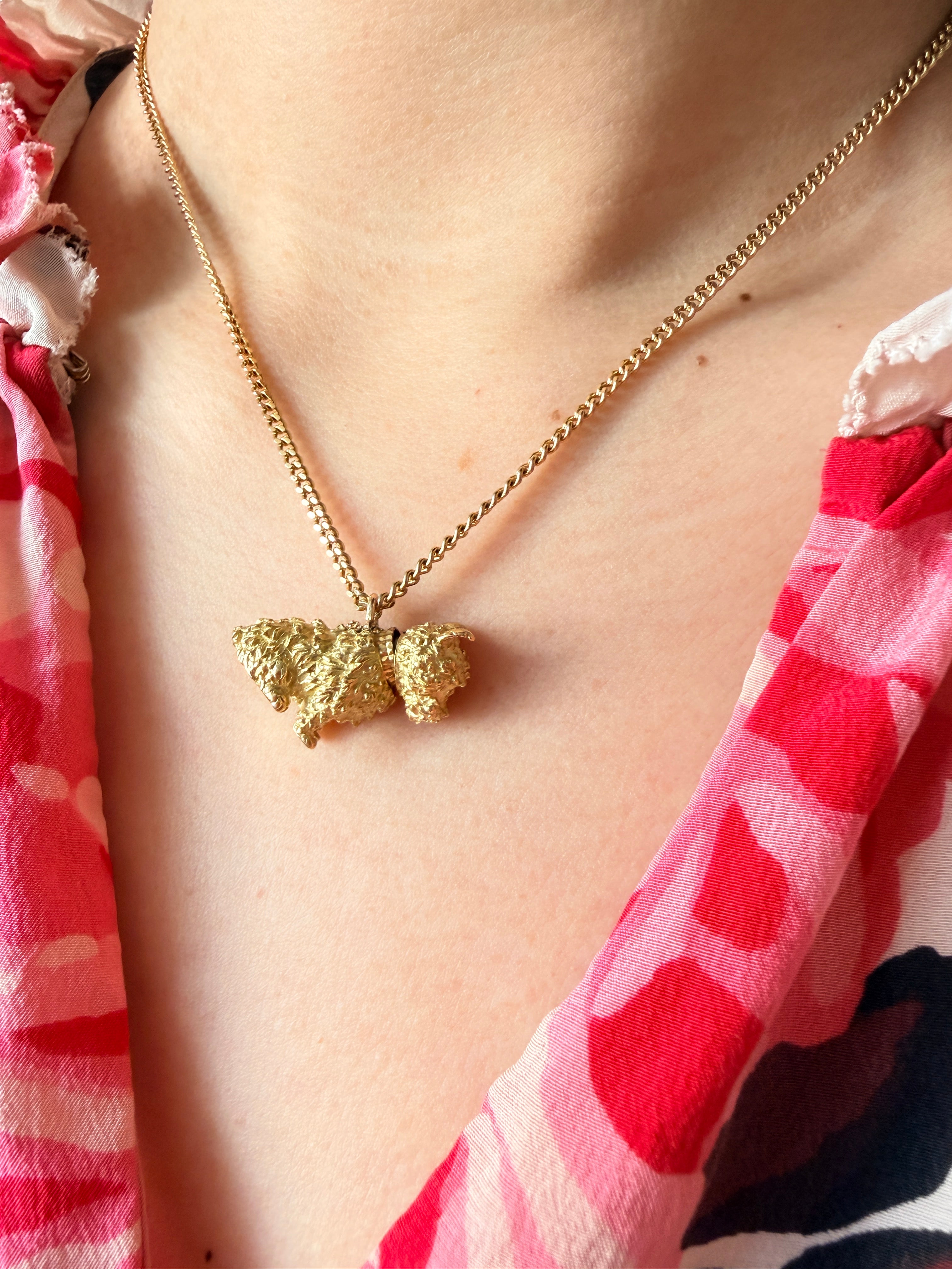 18K Yellow Gold Little Dog Pendant, Emerald Eyes and movable head