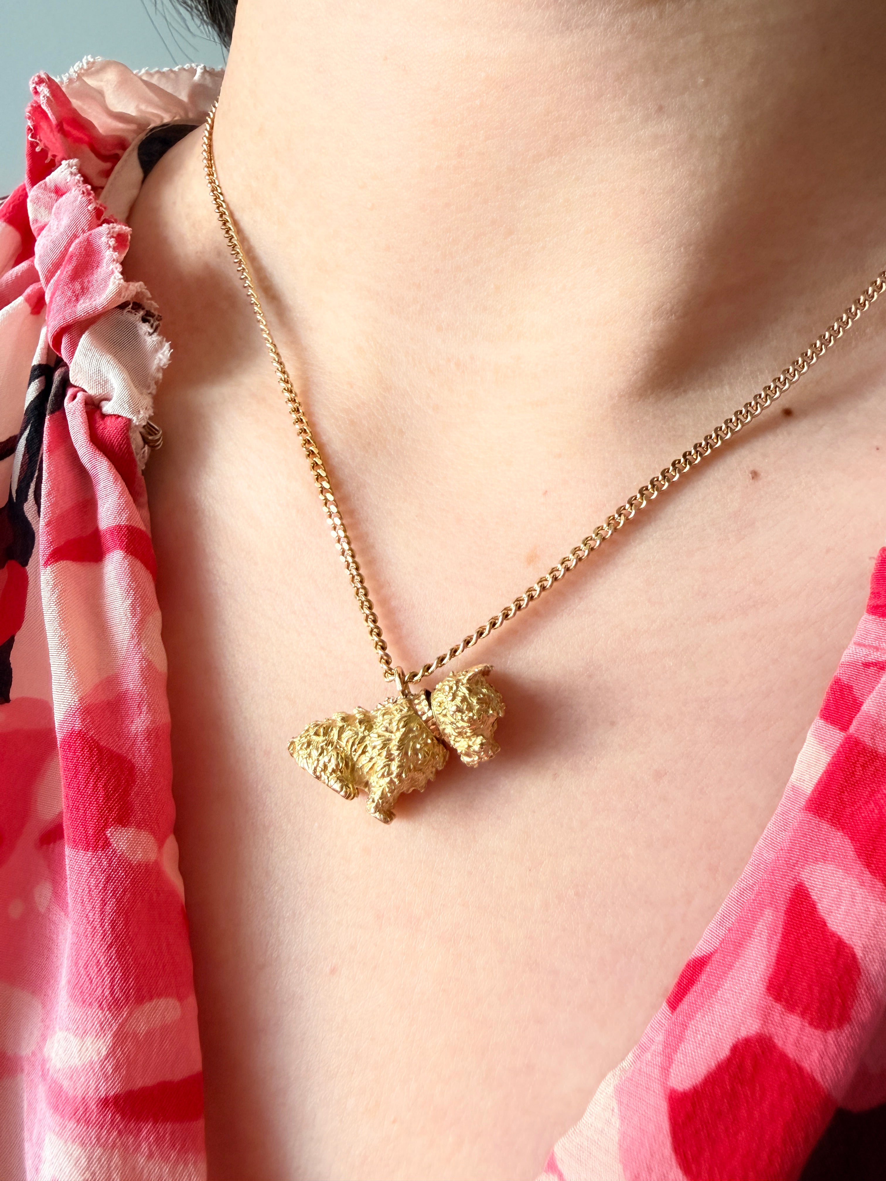 18K Yellow Gold Dog Pendant, Emerald Eyes and movable head