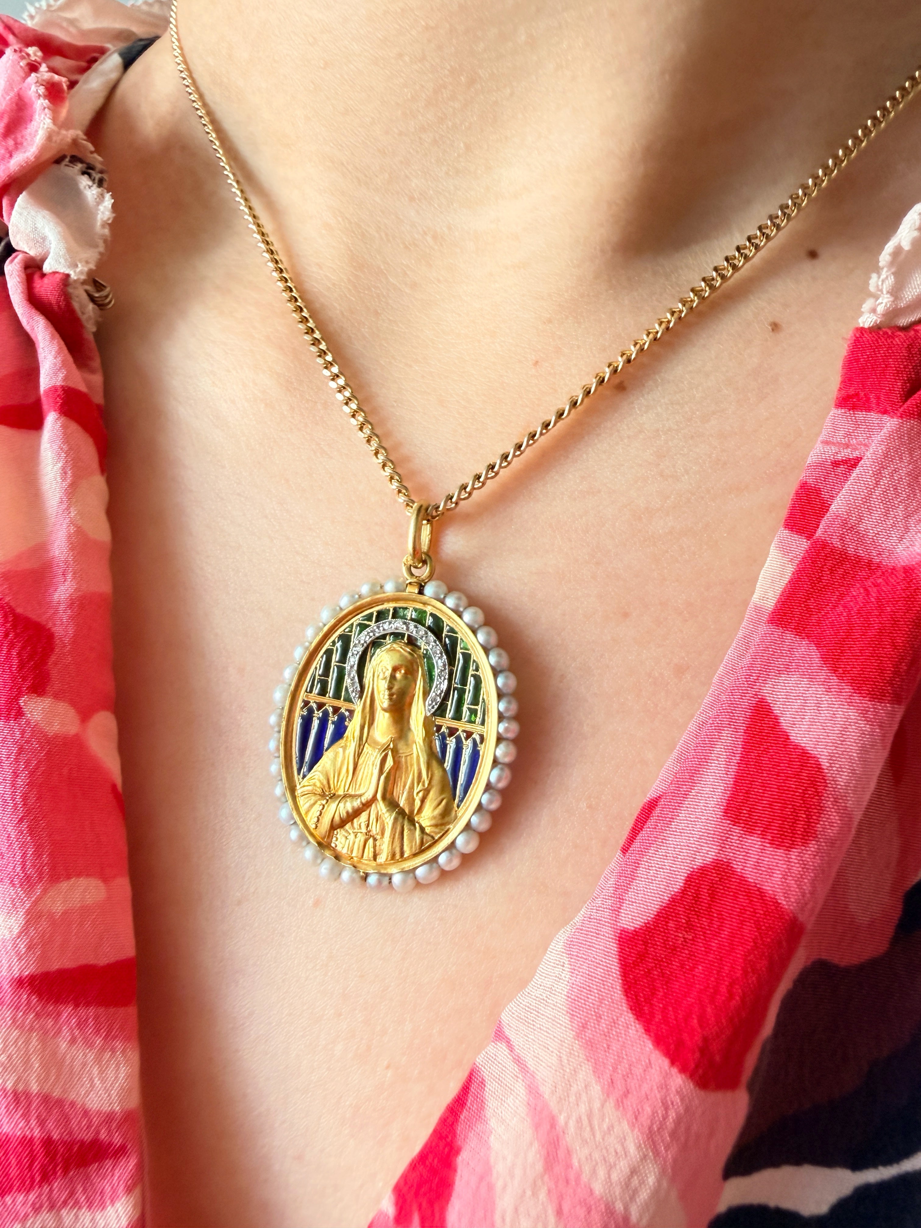 Antique 18K gold diamond pearl plique a jour enamel Virgin Mary medal pendant