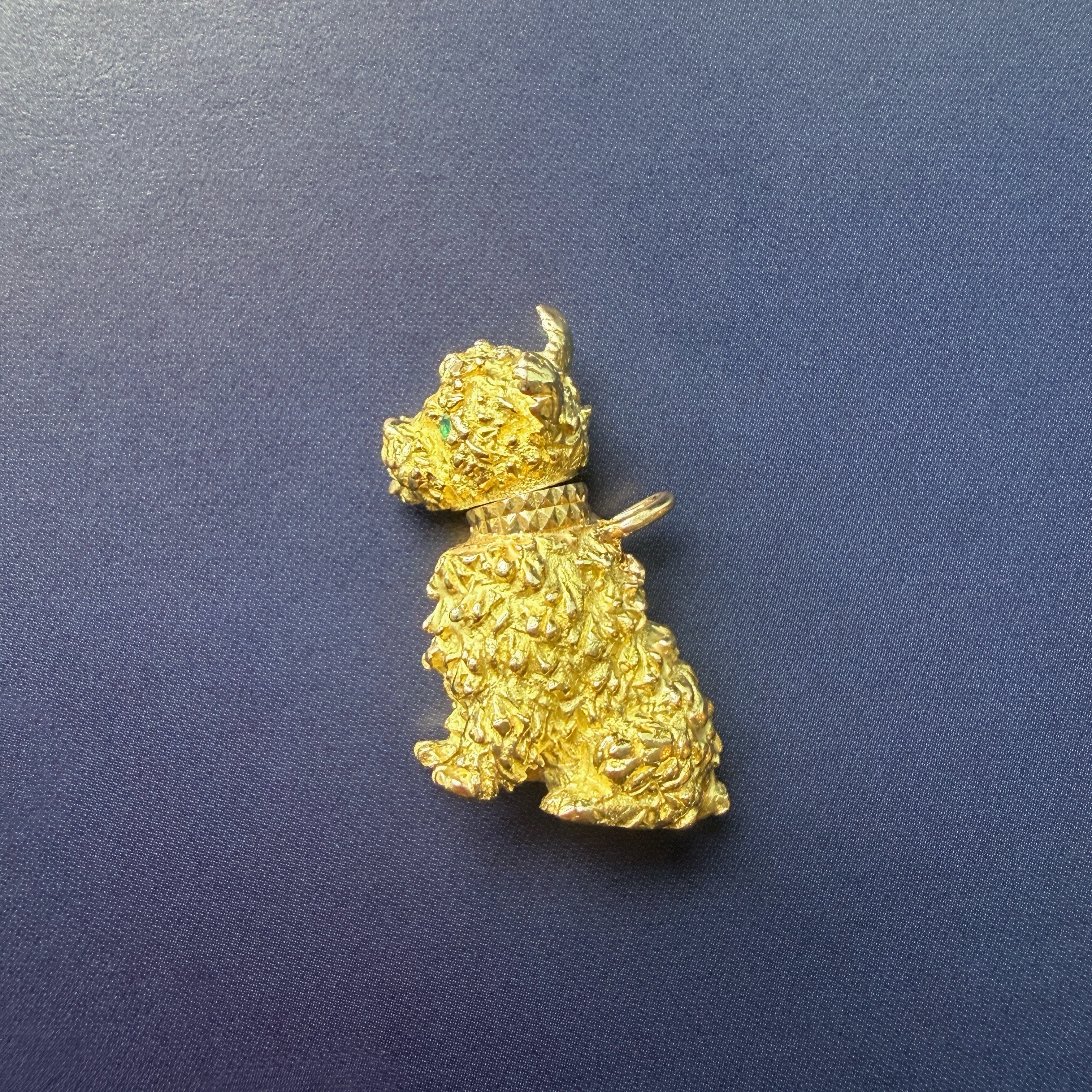 18K Yellow Gold Little Dog Pendant, Emerald Eyes and movable head