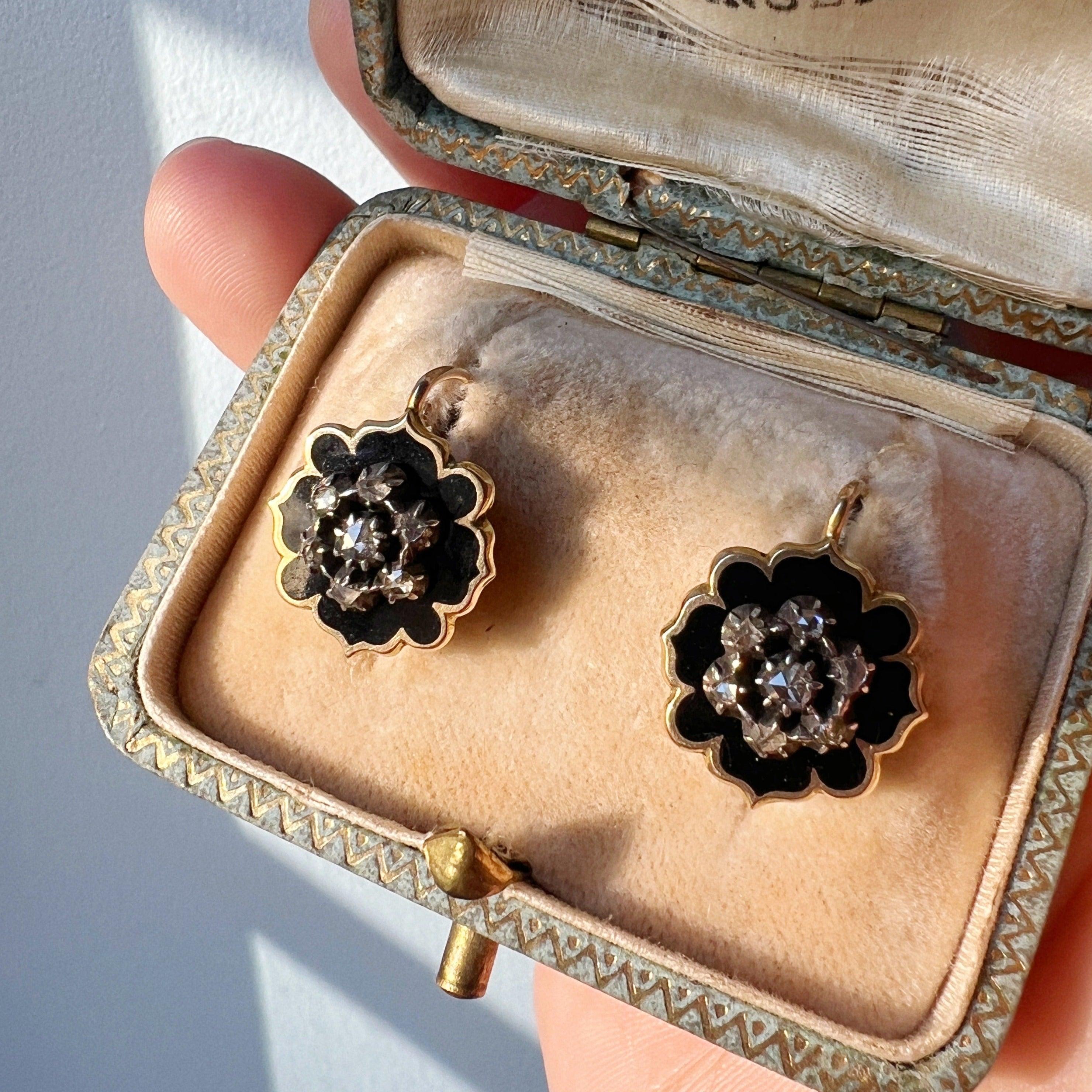 Victorian era 18k gold black enamel diamond earrings - Curiously timeless