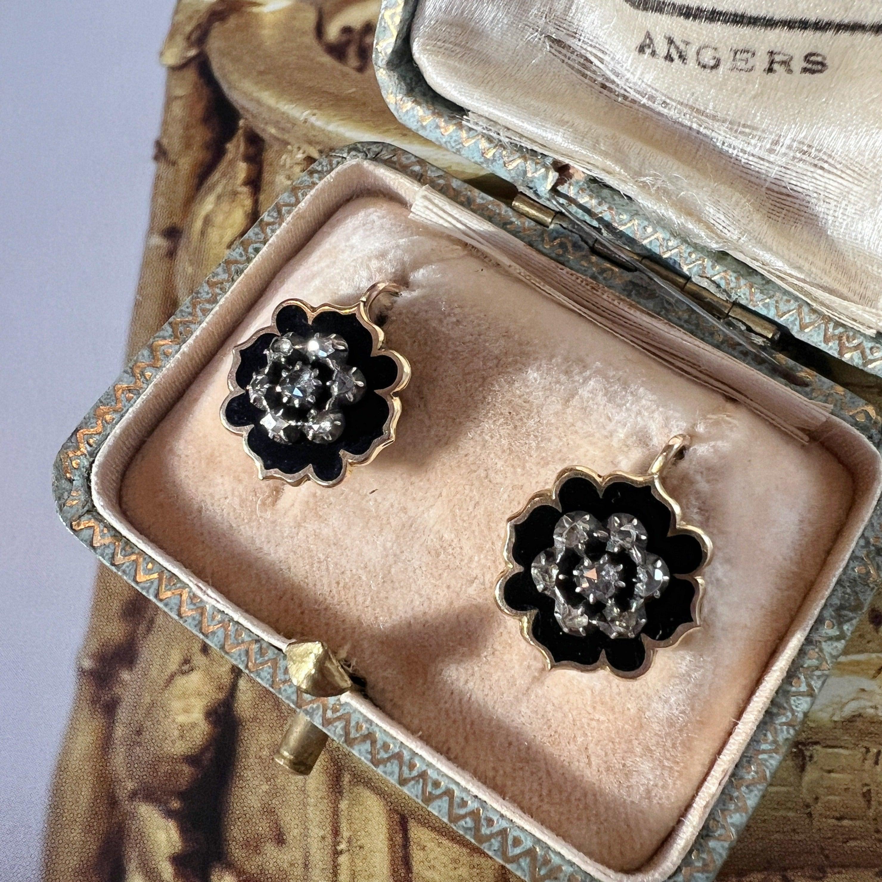 Victorian era 18k gold black enamel diamond earrings - Curiously timeless