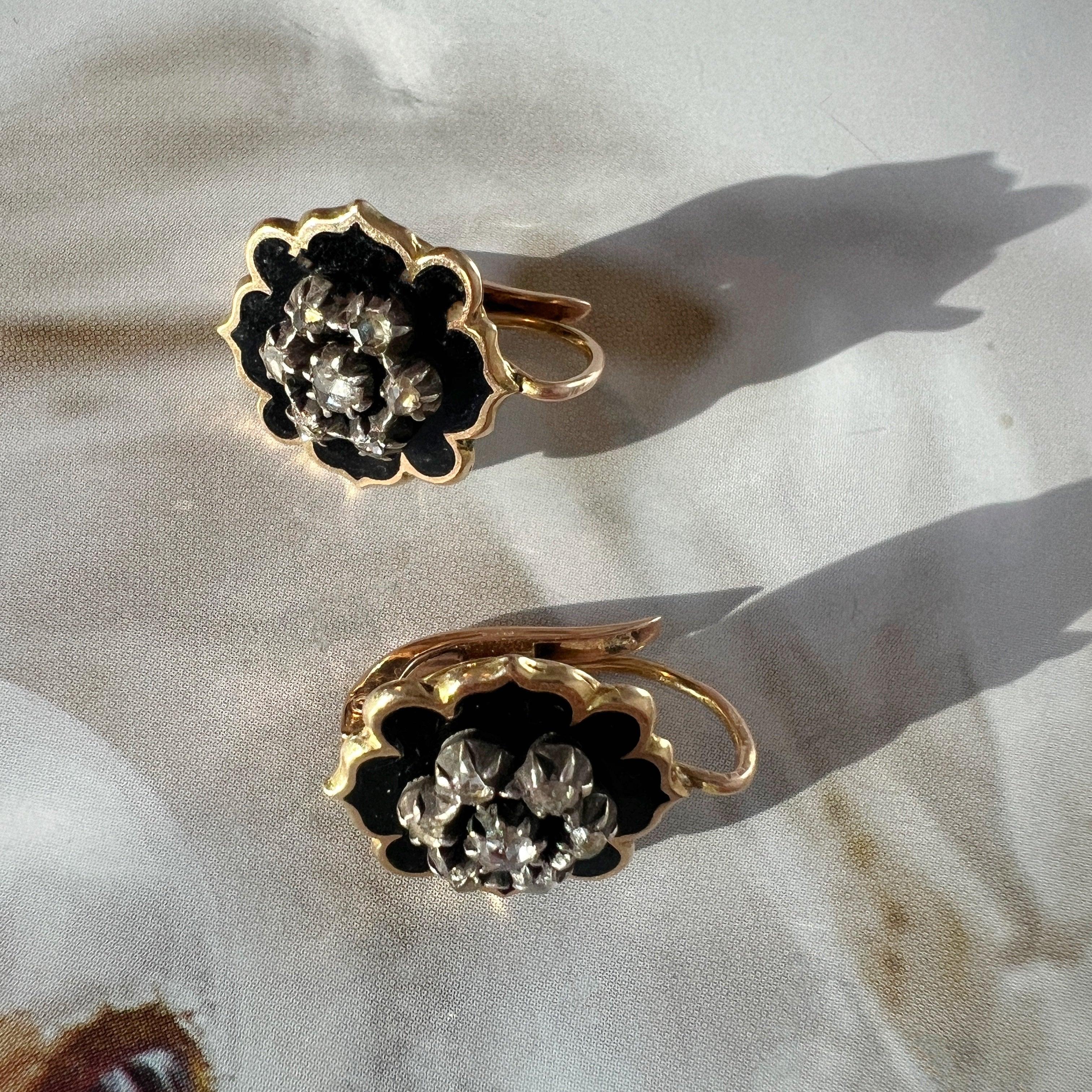 Victorian era 18k gold black enamel diamond earrings - Curiously timeless