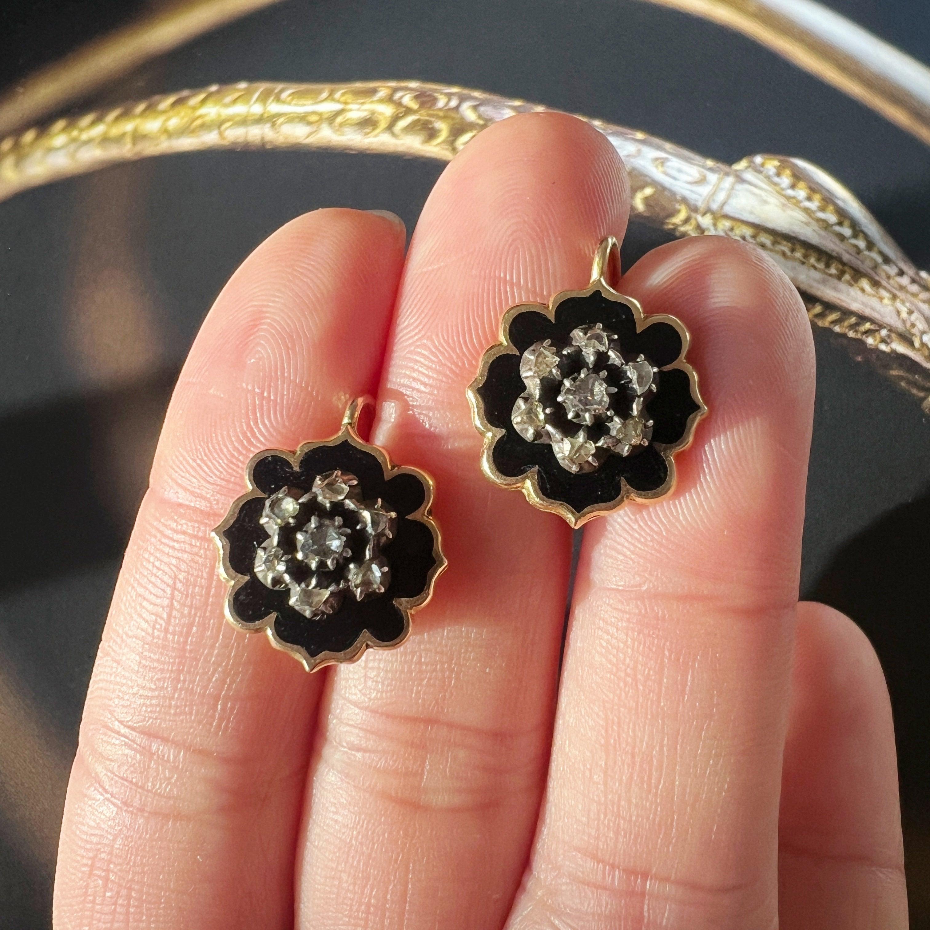 Victorian era 18k gold black enamel diamond earrings - Curiously timeless