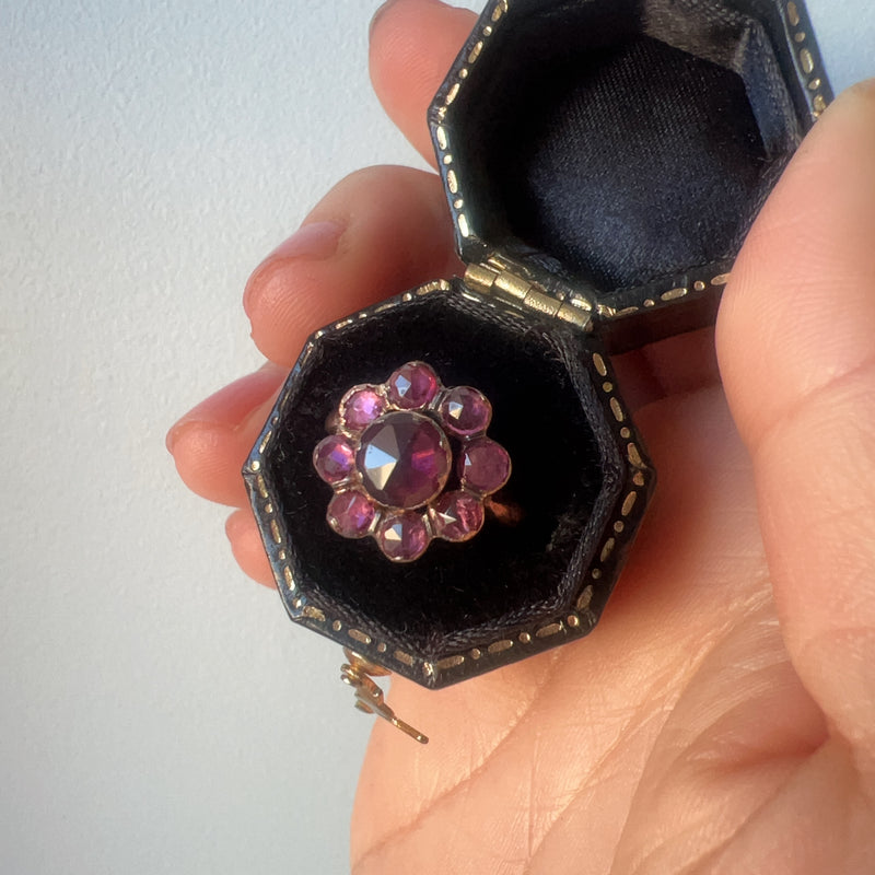 Antique French 18K gold Perpignan garnet flower ring